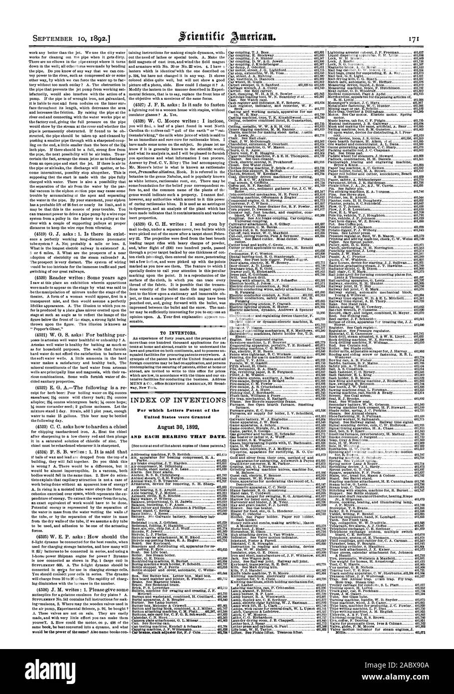 Je septembre 1892. Pour les inventeurs. INDEX DES INVENTIONS pour lesquelles Lettres patentes de l'United States ont été octroyées le 30 août, Scientific American, 92-09-10 Banque D'Images