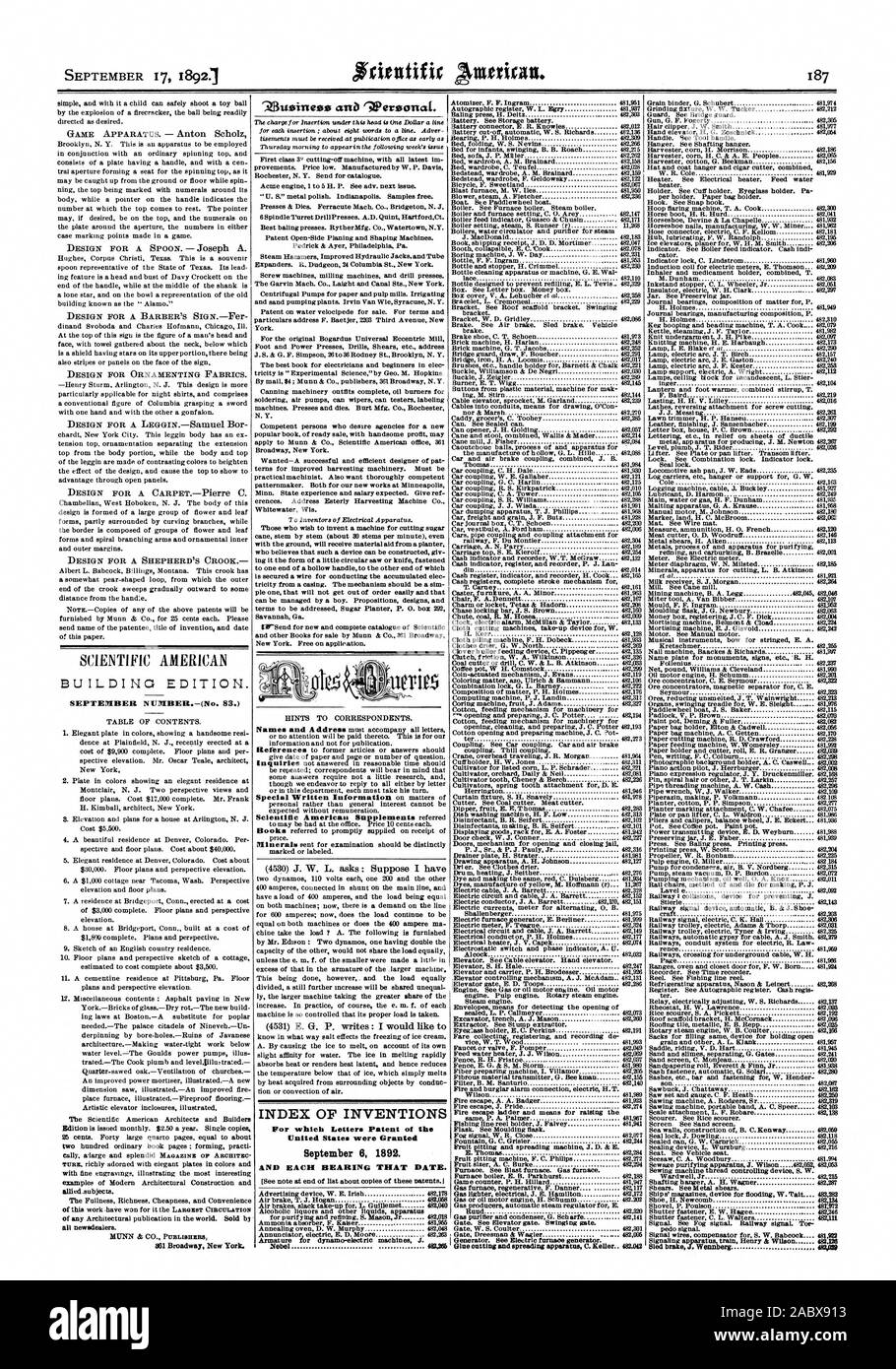 17 septembre 18921 Sel Broadway New York. 'Ziusinesse Weroartai "am). INDEX DES INVENTIONS pour lesquelles Lettres patentes de l'United States ont été octroyées le 6 septembre 1892. Nebel MAKI awe, Scientific American, 1892-09-11 Banque D'Images