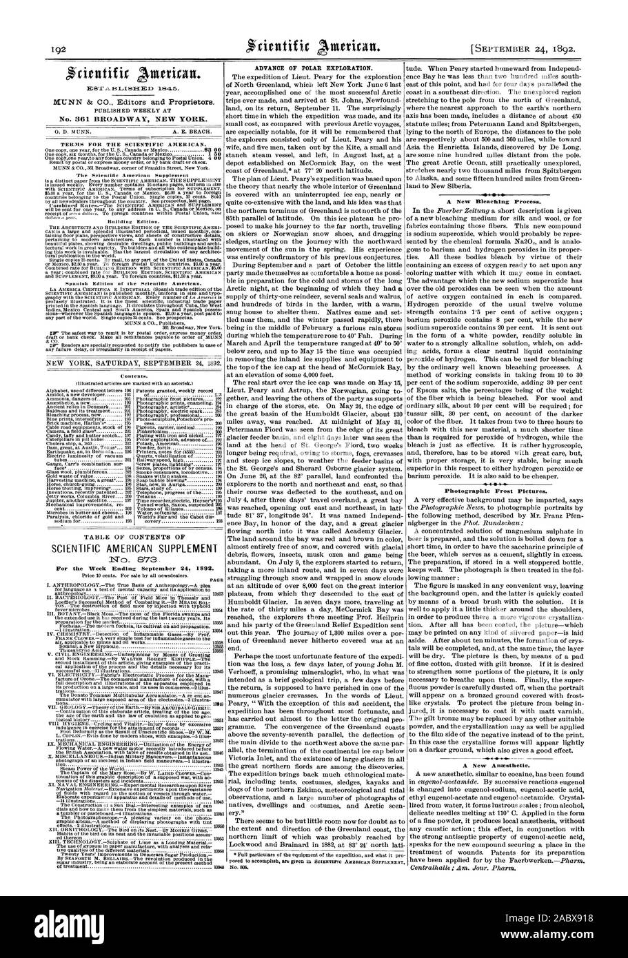 Publié chaque semaine au n°361 BROADWAY NEW YORK. SCIENTIFIC AMERICAN SUPPLEMENT No 873. N° 808. Frost photographique Photos. Une nouvelle anesthésie. 1892-09-24, 1845. Banque D'Images