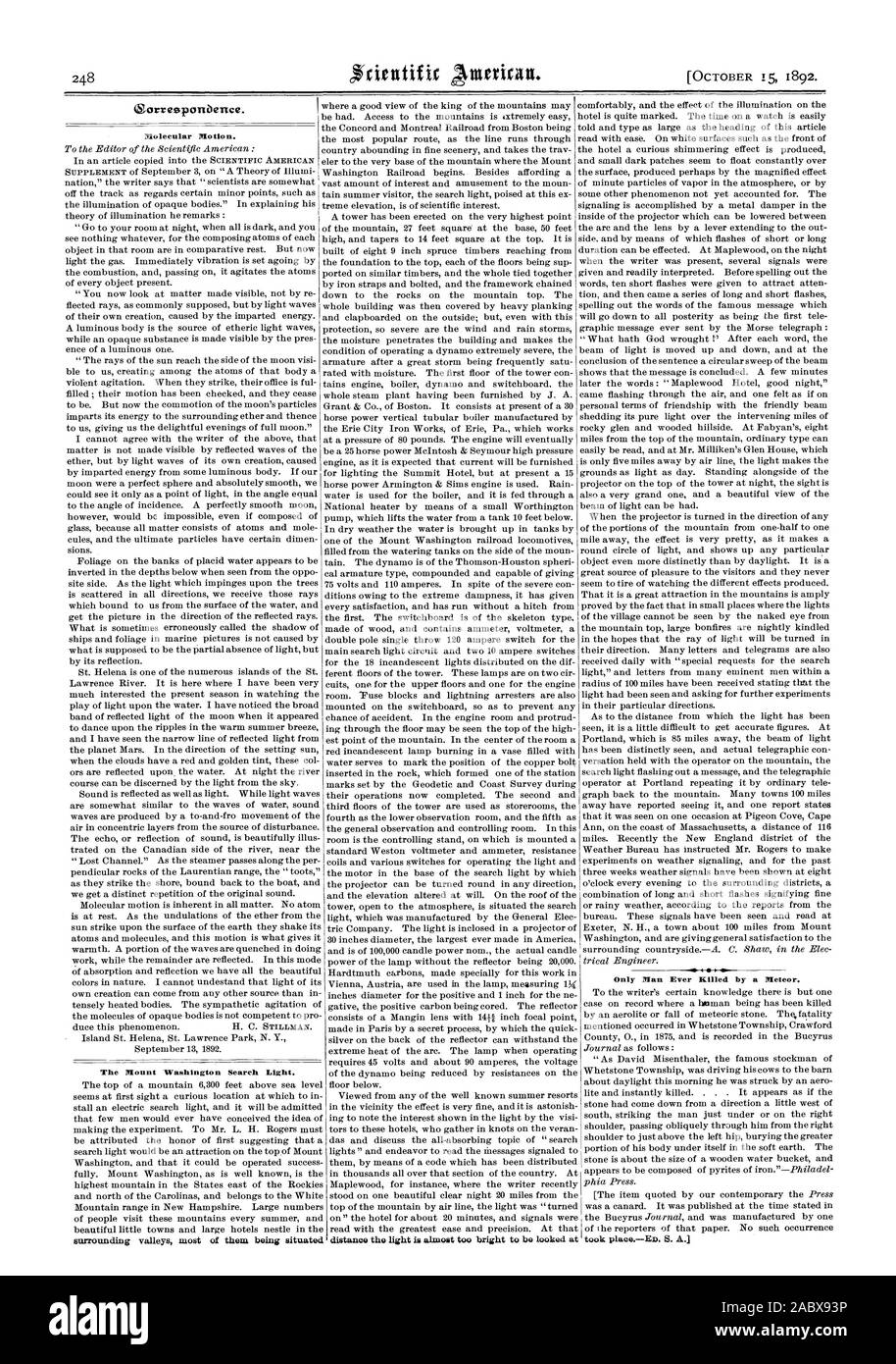 Mouvement moléculaire. Le Mont Washington Recherchez la lumière. a pris placeEn. S. A. (Yorresponbence., Scientific American, 1892-10-15 Banque D'Images