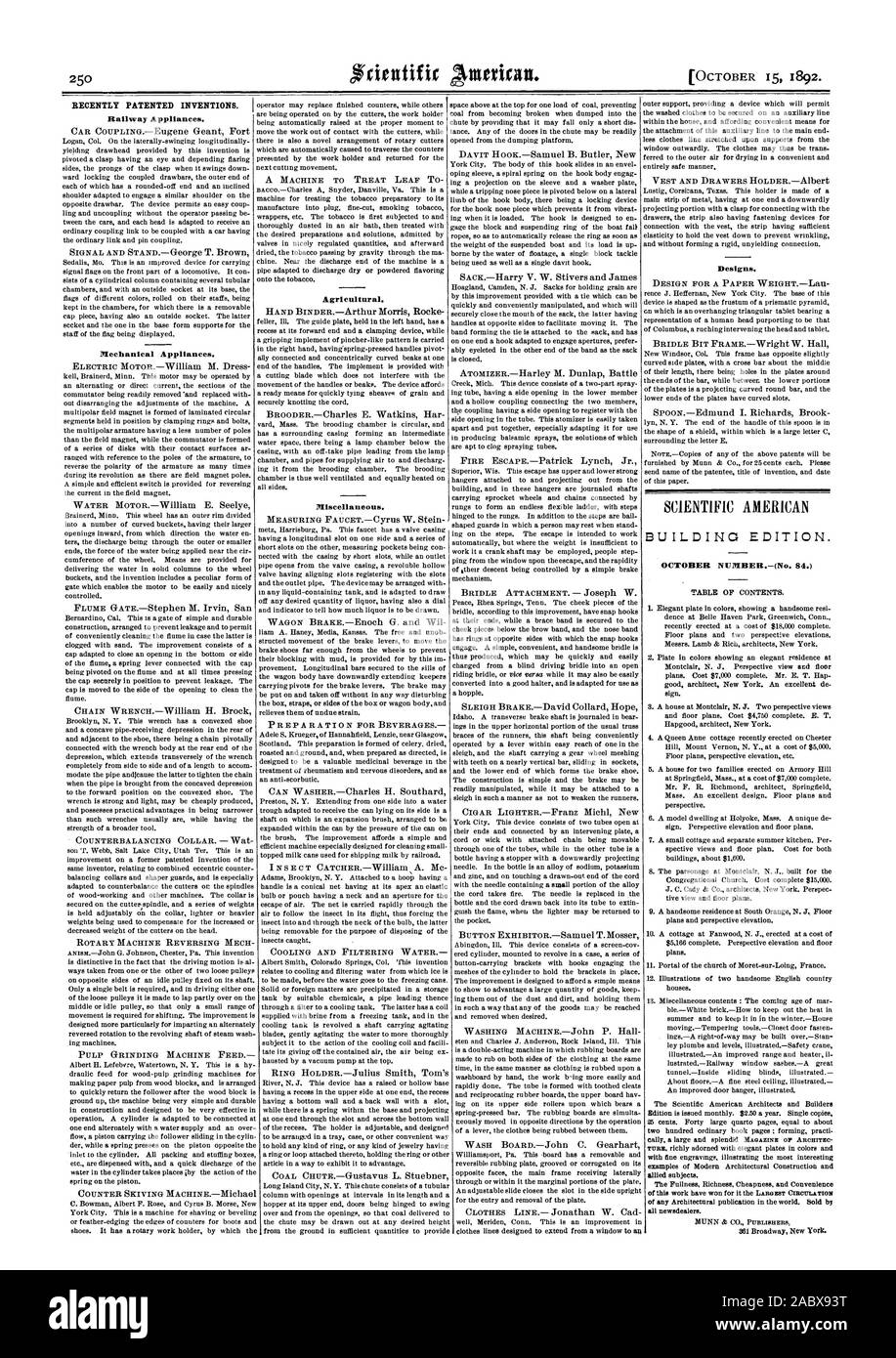 INVENTIONS BREVETÉES. Récemment, Scientific American, 1892-10-11 Banque D'Images