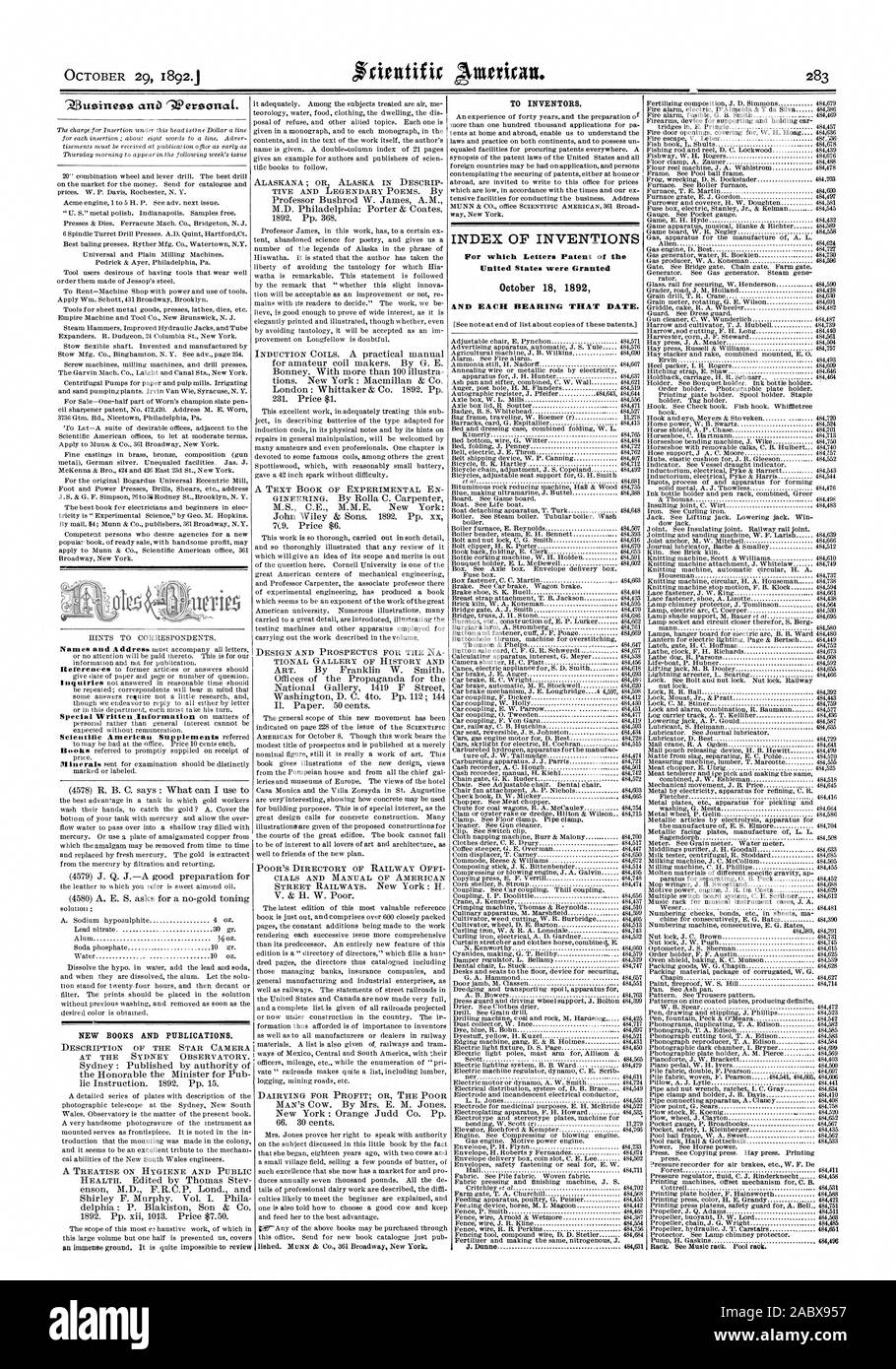Le 29 octobre 1892. Un Ziussineze rAPersonat. De nouveaux livres et de publications. Pour les inventeurs. INDEX DES INVENTIONS pour lesquelles Lettres patentes de l'United States ont été accordés le 18 octobre 1892 et chaque roulement CETTE DATE., Scientific American, 1892-10-29 Banque D'Images