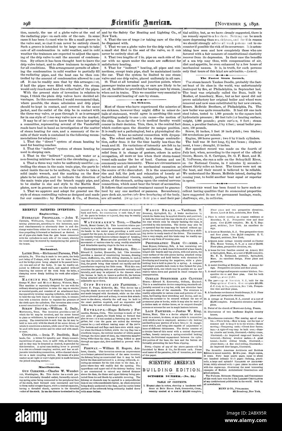 Récemment 44 inventions brevetées. L'ingénierie. NUEIBER OCTOBRE(No. 84.), Scientific American, 1892-11-11 Banque D'Images