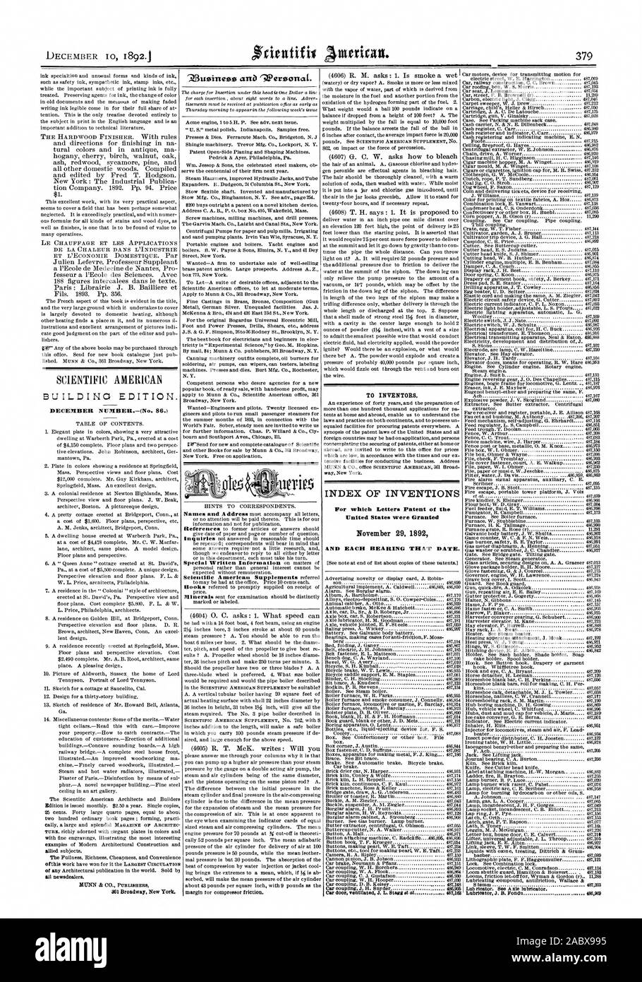 Édition du bâtiment. Numéro de décembre.-(no 86.) 861 Broadway New York. '313usiinesse.PerssonaL qr d'ANB. Pour les inventeurs. INDEX DES INVENTIONS pour lesquelles Lettres patentes de l'United States ont été octroyées le 29 novembre 1892 et chaque roulement CETTE DATE. .-49 1. 13. Fondu 486969, Scientific American, 1892-12-10 Banque D'Images