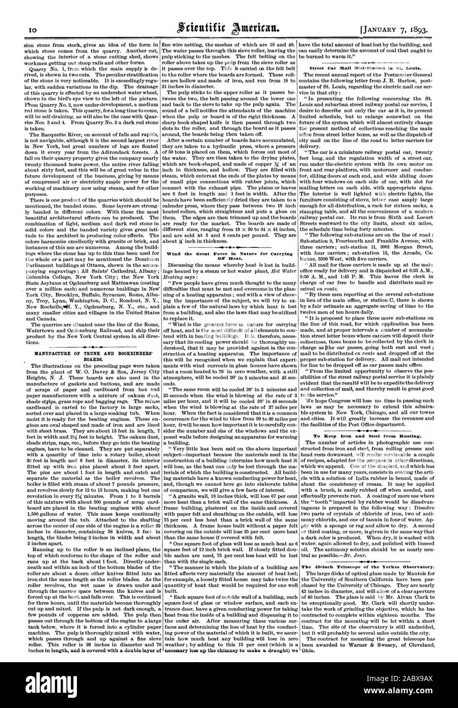 Fabrication de tronc et les conseils des relieurs. La grande force du vent dans la nature pour transporter de la chaleur. Street car la distribution du courrier en Si. Louis. Pour garder le fer et l'acier de rouiller. Le télescope de 40 pouces de l'Observatoire Yerkes., Scientific American, 1893-01-07 Banque D'Images