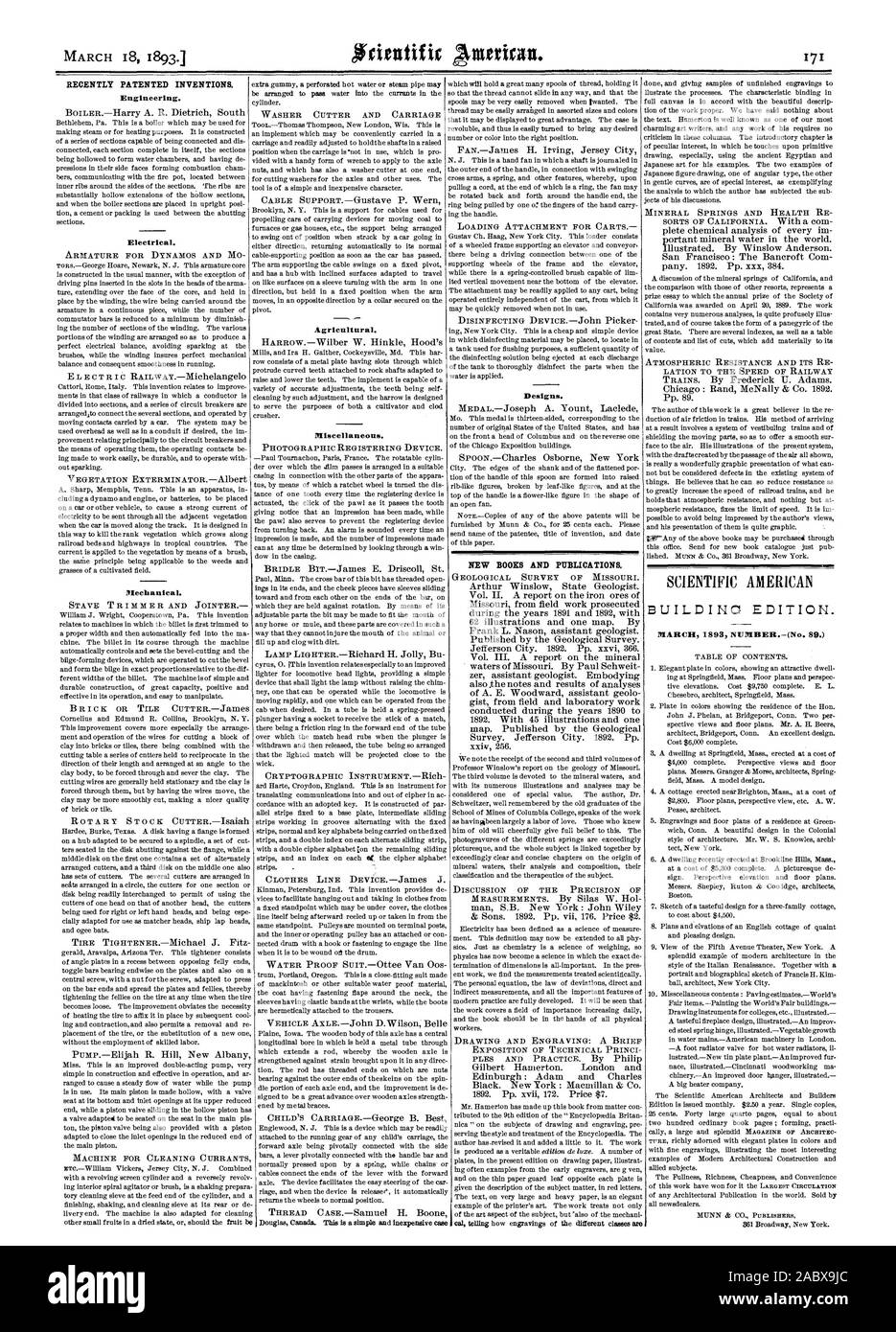 Récemment les inventions brevetées. De nouveaux livres et de publications. Édition du bâtiment., Scientific American, 93-03-18 Banque D'Images