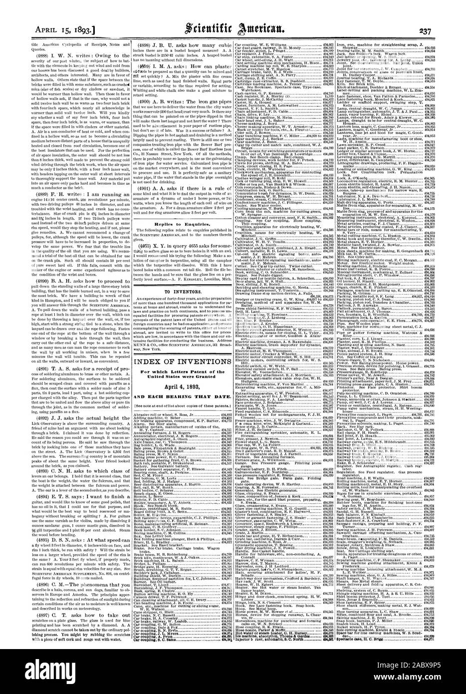 15 AVRIL J893.1 Réponses aux demandes de renseignements. Pour les inventeurs de l'INDEX DES INVENTIONS pour lesquelles Lettres patentes de l'United States ont été octroyées et chacun portant cette date., Scientific American, 1893-04-15 Banque D'Images