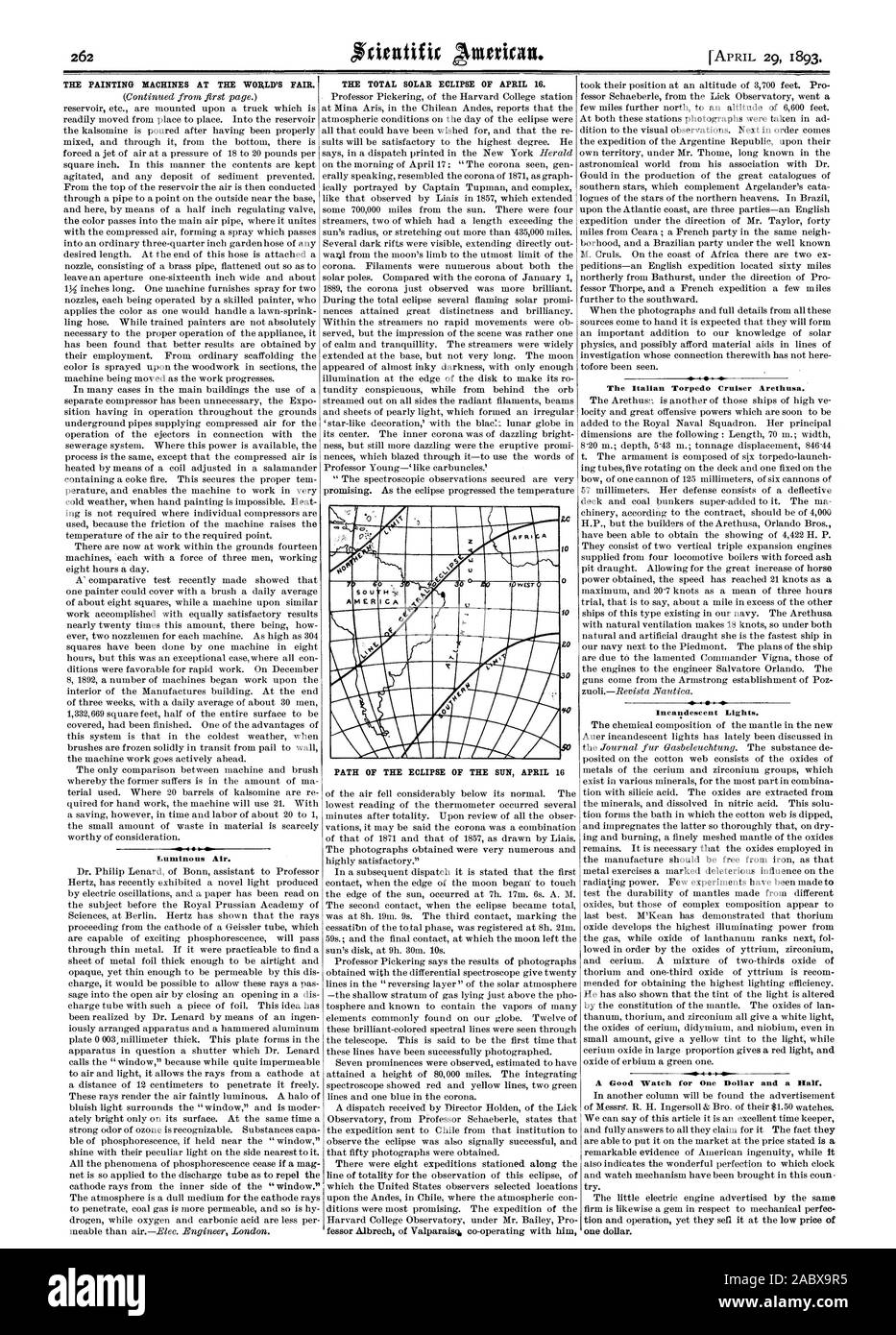 Les MACHINES DE PEINTURE À L'EXPOSITION UNIVERSELLE. De l'air lumineux. L'éclipse solaire totale du 16 avril. 10 La torpille italienne Arethusa croiseur. Les lampes à incandescence. Une moitié. g. un dollar, Scientific American, 1893-04-29 Banque D'Images