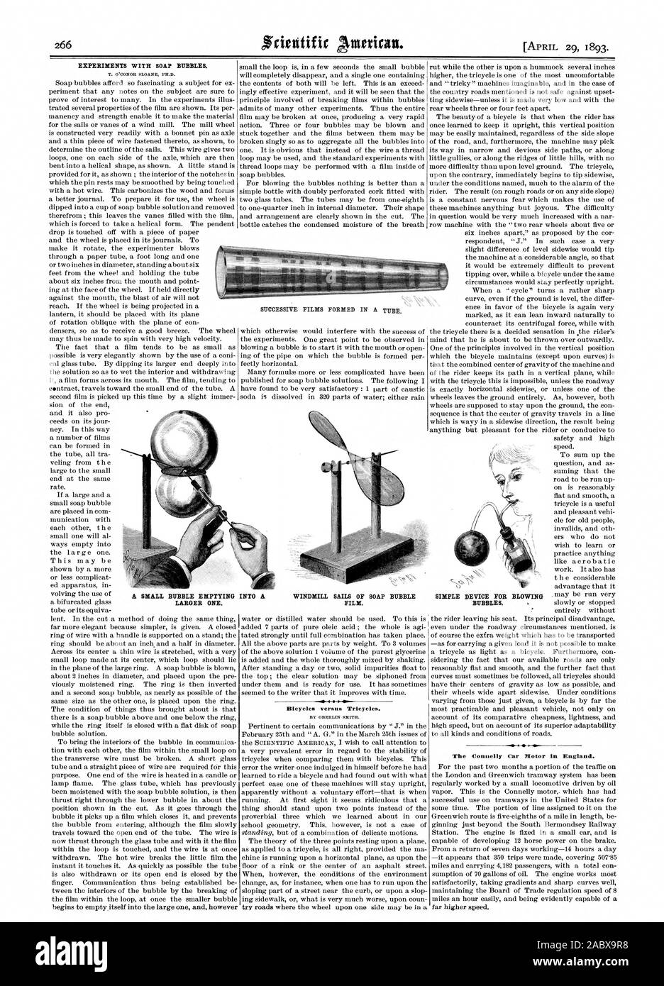 Des expériences avec des bulles de savon. T. O'CONOR SLOANE PH.D. Bicyclettes et tricycles. Par OBERLIN SEITH. Le moteur de voiture Connelly en Angleterre. Une petite bulle de vider plus grande. Dans UN MOULIN À VENT VOILES DE FILM à Bulle de savon. Bulles., Scientific American, 1893-04-29 Banque D'Images