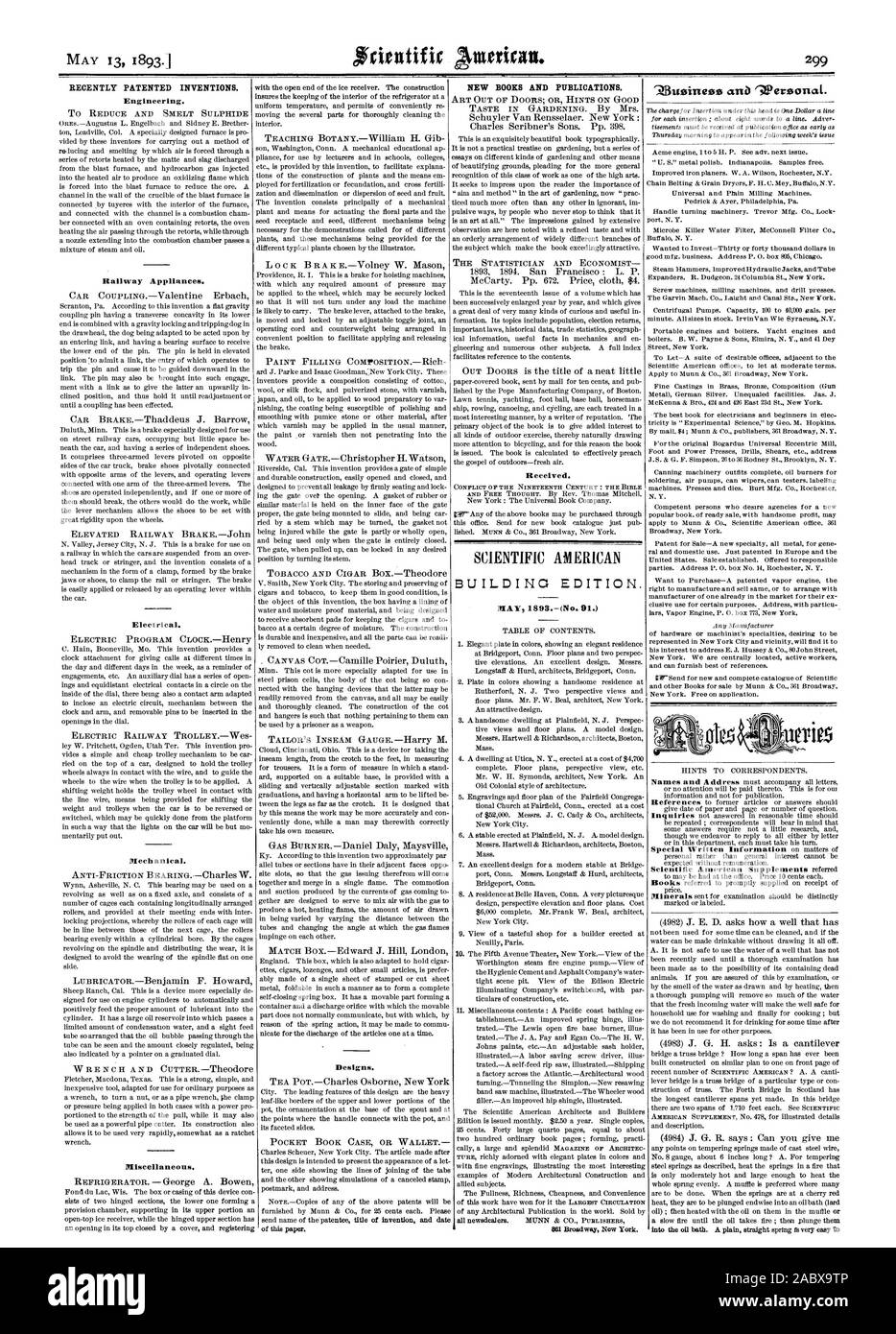 Récemment les inventions brevetées. Nouveaux LIVRES ET PUBLICATIONS., Scientific American, 1893-05-13 Banque D'Images