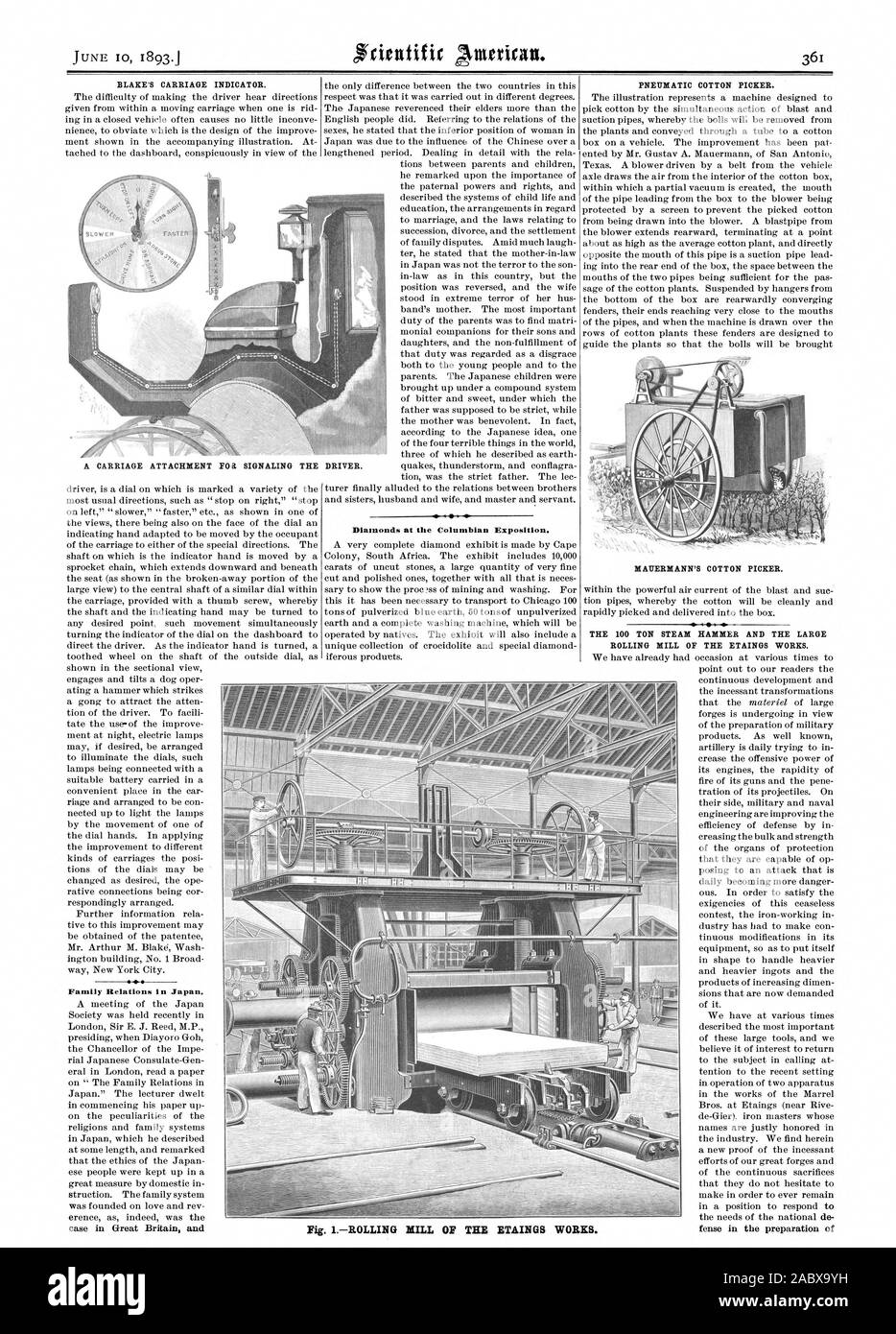BLAKE'S CARRIAGE INDICATEUR. Les relations familiales au Japon. Diamants à l'Exposition Universelle colombienne. La récolteuse de coton pneumatique. La vapeur de 100 TONNES ET LE GRAND LAMINOIR DES ETAINGS FONCTIONNE. Fig. 1DE L'USINE DE LAMINAGE ETAINGS FONCTIONNE., Scientific American, 1893-06-10 Banque D'Images