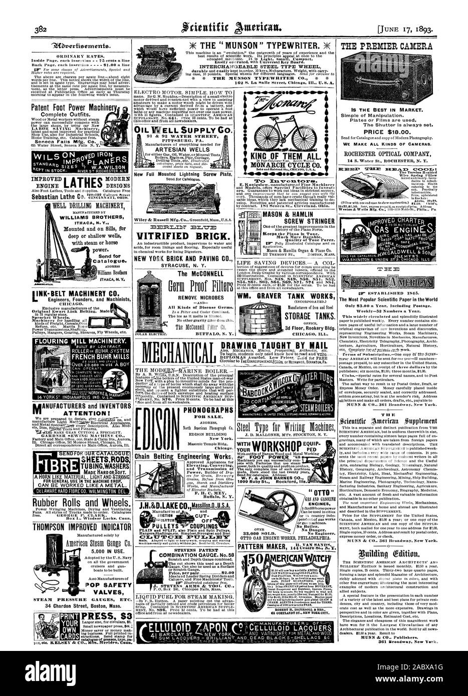 Numéros par An-52 hebdomadaire. La 'MUNSON" MACHINE À ÉCRIRE. XE ROUE TYPE INTERCHANGEABLES EN ACIER 162 S. La Salle Street Chicag Ill. U.S. A. . Fait TUBINGWASHERS ORSOFT DUR. Pour la vente. Chicago. Phonographes F. H. C. MEY Buffal N. Y. MASON & HAMLIN STRINGER VIS beaucoup plus durables. Ique LE PREMIER APPAREIL PHOTO EST LA MEILLEURE SUR LE MARCHÉ. Prix $18.00. Nous faisons toutes sortes de caméras., Scientific American, 1893-06-17 Banque D'Images