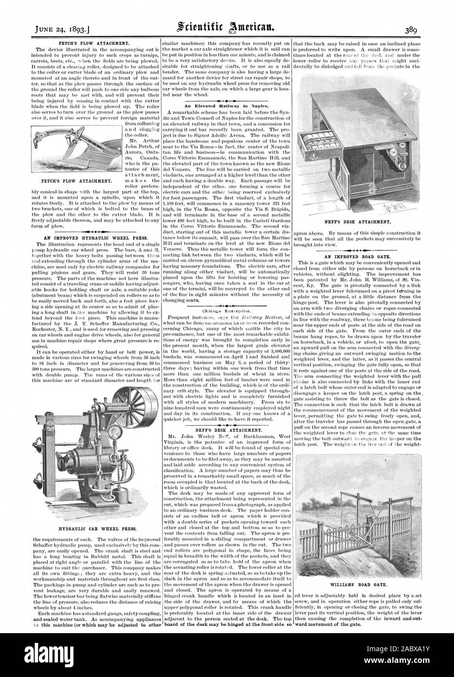 PETCH'S PLOUGH PIÈCE JOINTE. Presse hydraulique de roue de voiture. Une amélioration de la porte., Scientific American, 1893-06-24 Banque D'Images