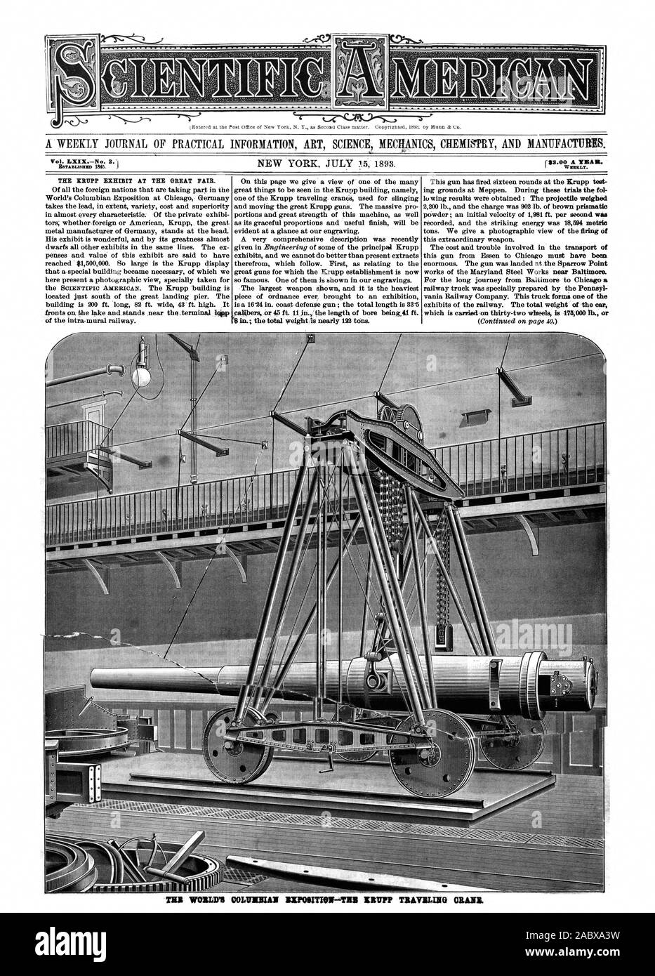 WIMELT. Vol. LMIXNo. 3. A créé la pièce KRUPP À LA GRANDE PAIRE. Expositions du chemin de fer. Le poids total de l'oreille qui s'effectue sur trente-deux roues est 175000 lb. ou, Scientific American, 1893-07-15 Banque D'Images