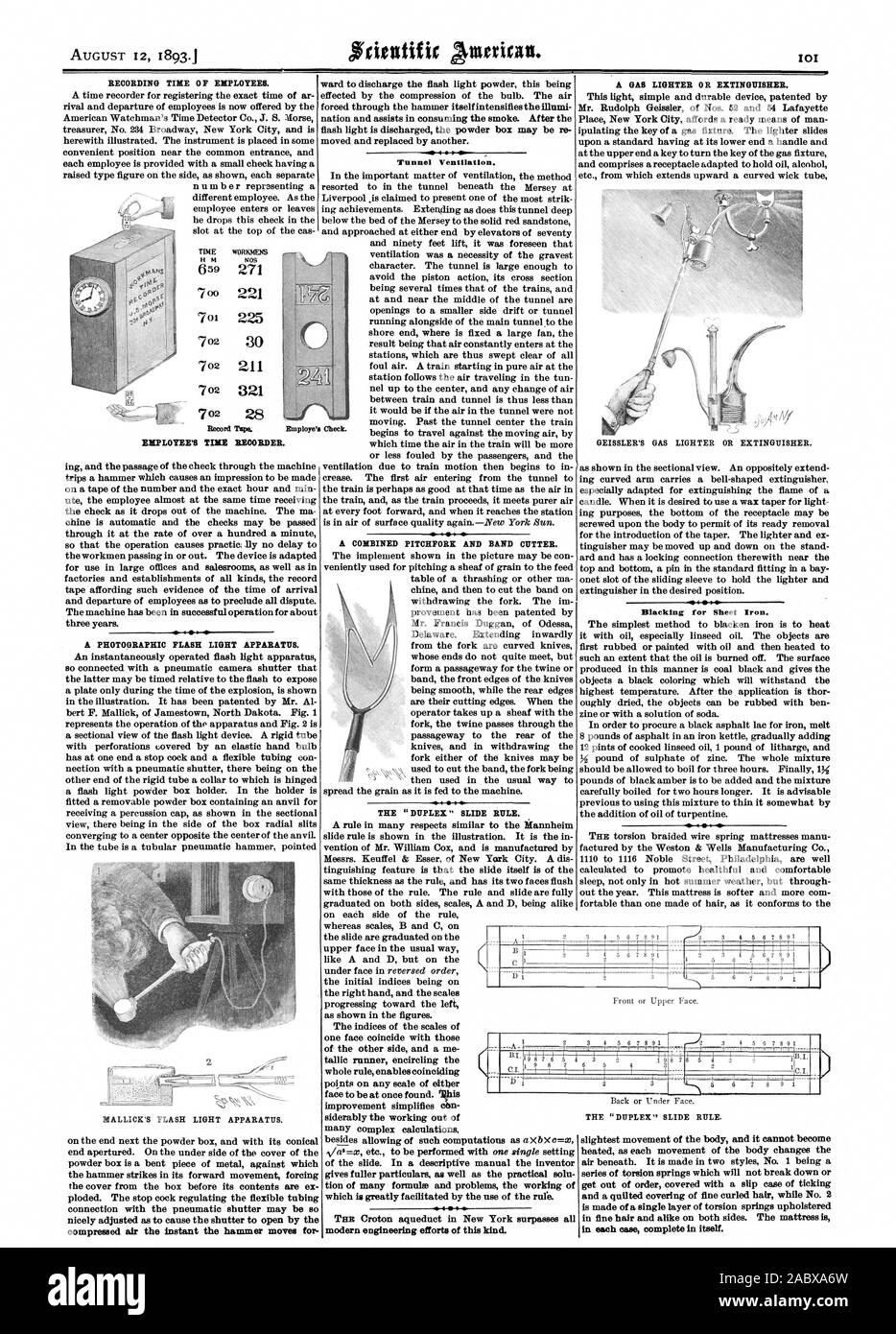 Temps d'ENREGISTREMENT D'EMPLOYÉS. Un flash de l'appareil photographique de la lumière. La ventilation du tunnel. Une fourche et coupe-bande. Le briquet à gaz ou d'extincteur. Briquet à gaz ou de GEISSLER EXTINCTEUR. Film noir pour tôle. Le temps employé Tam enregistrement enregistreur. B IM 1 sfeememerreemmeRee 66, Scientific American, 1893-08-12 Banque D'Images