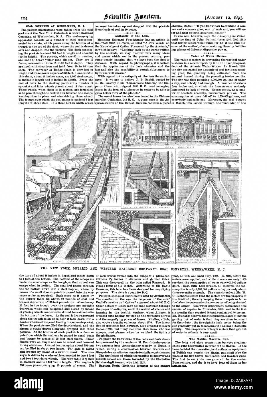 Convoyeur de charbon à WEEHA WKEN N. J. Antiquité de l'objectif. Valeur des compteurs d'eau. Le NEW YORK ONTARIO AND WESTERN RAILROAD COMPANY'S COAL TAPIS WEEHAWKEN Baptista Ports (1560) l'inventeur de l'appareil photo La mitrailleuse Maxim. armement., Scientific American, 1893-08-12 Banque D'Images