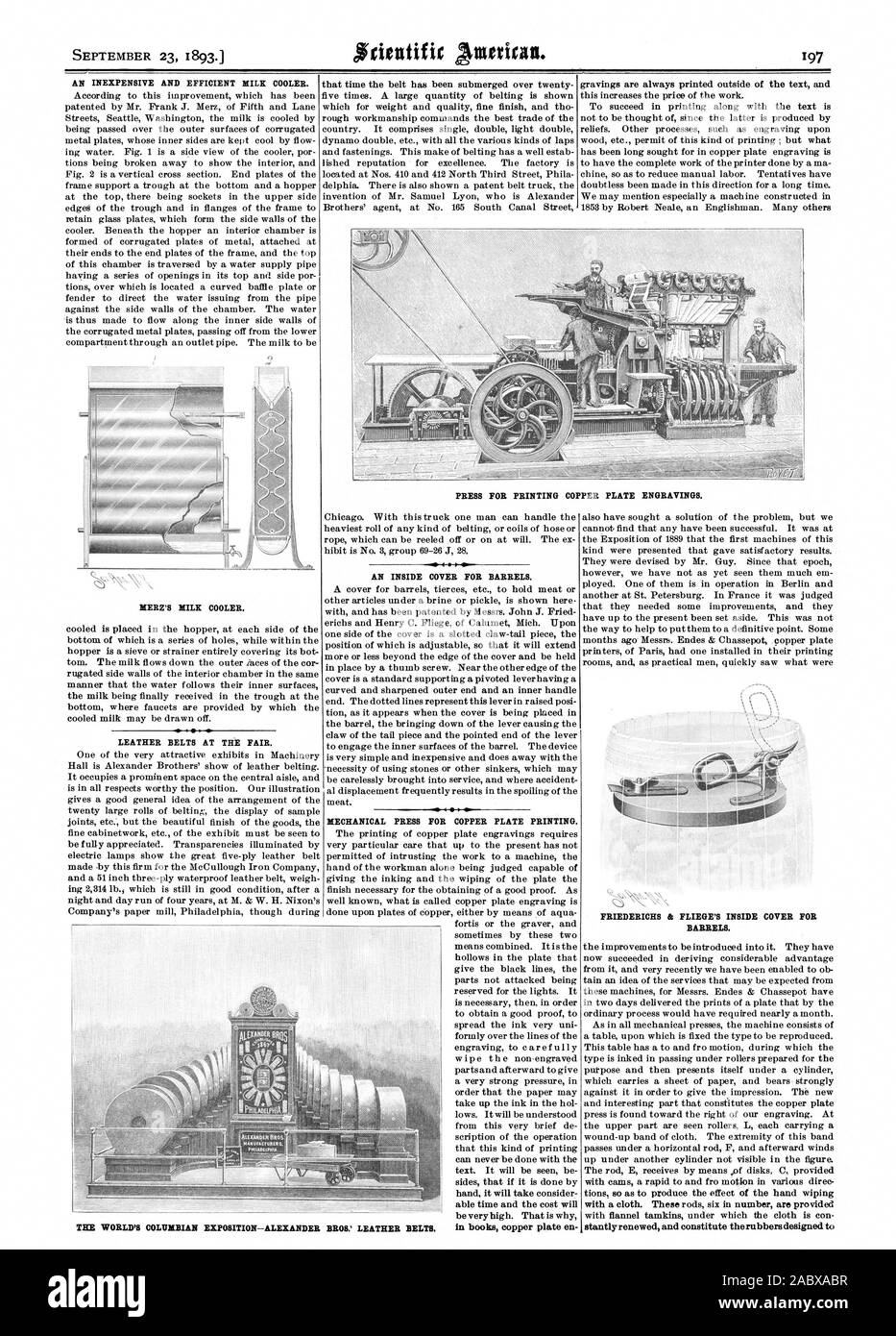 Un moyen peu coûteux ET EFFICACE DU REFROIDISSEUR DE LAIT. Les ceintures en cuir À LA FOIRE. L'INTÉRIEUR DE LA COUVERTURE POUR les barriques. Presse mécanique pour l'impression. plaque de cuivre dans les livres de cuivre en FRIEDERICHS & FLIEGE'S À L'INTÉRIEUR DU COUVERCLE POUR FÛTS. Le lait simple refroidisseur. Les fabricants. TEE WORLD'S COLUMBIAN EXPOSITION-ALEXANDER BROS.' EN CUIR CEINTURES. Appuyez sur pour l'impression de gravures sur plaque de cuivre., Scientific American, 1893-09-23 Banque D'Images