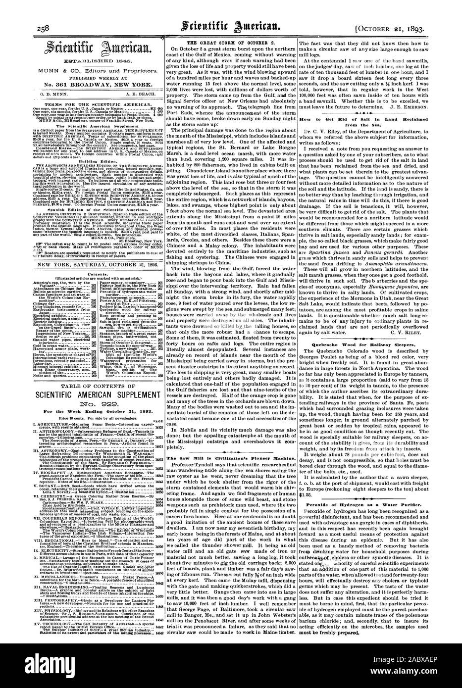 La grande tempête du 2 octobre. La scierie est pionnier de la civilisation de la machine. Comment se débarrasser du sel dans des terres gagnées sur la mer. Bois de quebracho pour traverses de chemin de fer. $1.55. De peroxyde d'hydrogène comme un purificateur d'eau. doivent être fraîchement préparées. No 361 BROADWAY NEW YORK. SCIENTIFIC AMERICAN SUPPLEMENT Pour la semaine se terminant le 21 octobre 1893., 1893-10-21 Banque D'Images
