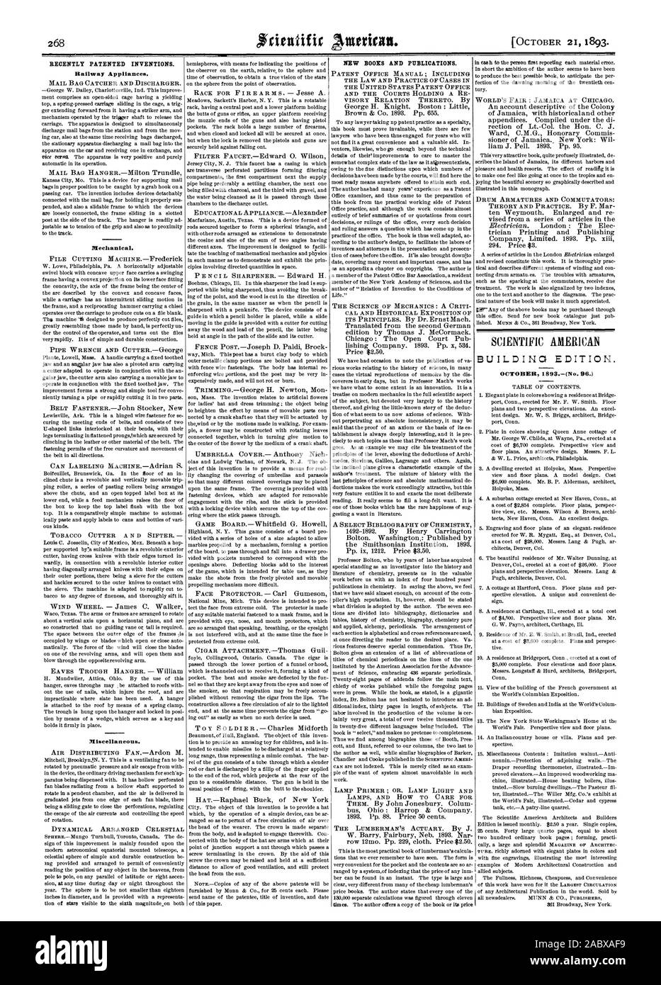 Récemment les inventions brevetées. Appareils de fer. Nouveaux LIVRES ET PUBLICATIONS., Scientific American, 1893-10-11 Banque D'Images
