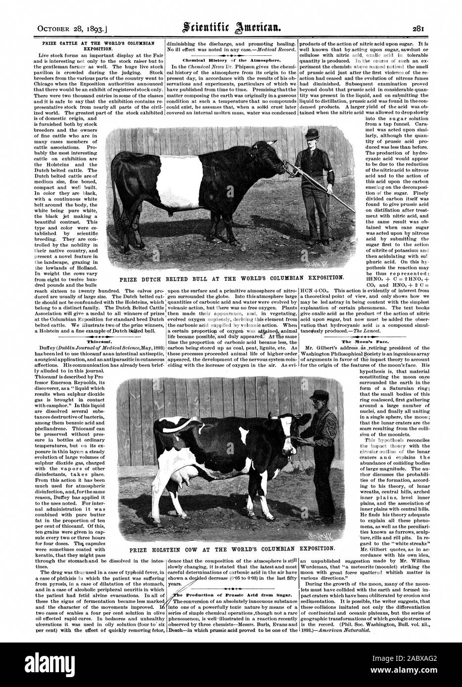 Le prix BOVINS AU WORLD'S COLUMBIAN EXPOSITION. Thiocamf. Histoire chimique de l'atmosphère. e La production de sucre de l'acide prussique. Desch-dans lequel l'acide prussique est avéré l'un des visage de la Lune. DUTCH BELTED PRIX BULL À LA WORLD'S COLUMBIAN EXPOSITION. La vache Holstein PRIX À LA WORLD'S COLUMBIAN EXPOSITION., Scientific American, 1893-10-28 Banque D'Images