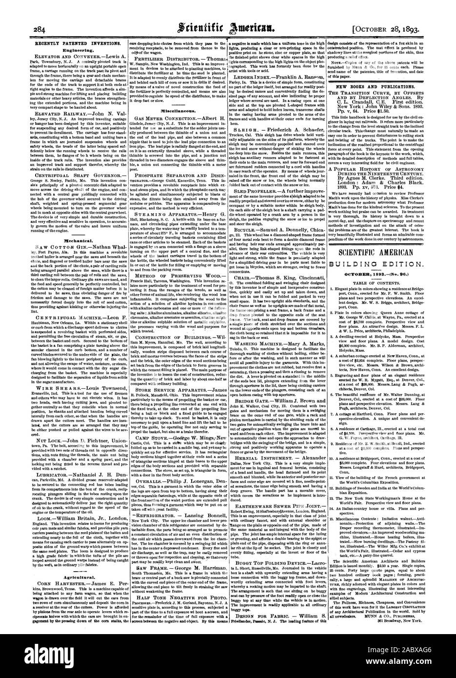 Récemment les inventions brevetées. L'ingénierie. De nouveaux livres et de publications. Octobre 1893 (n. 96.), Scientific American, 1893-10-11 Banque D'Images