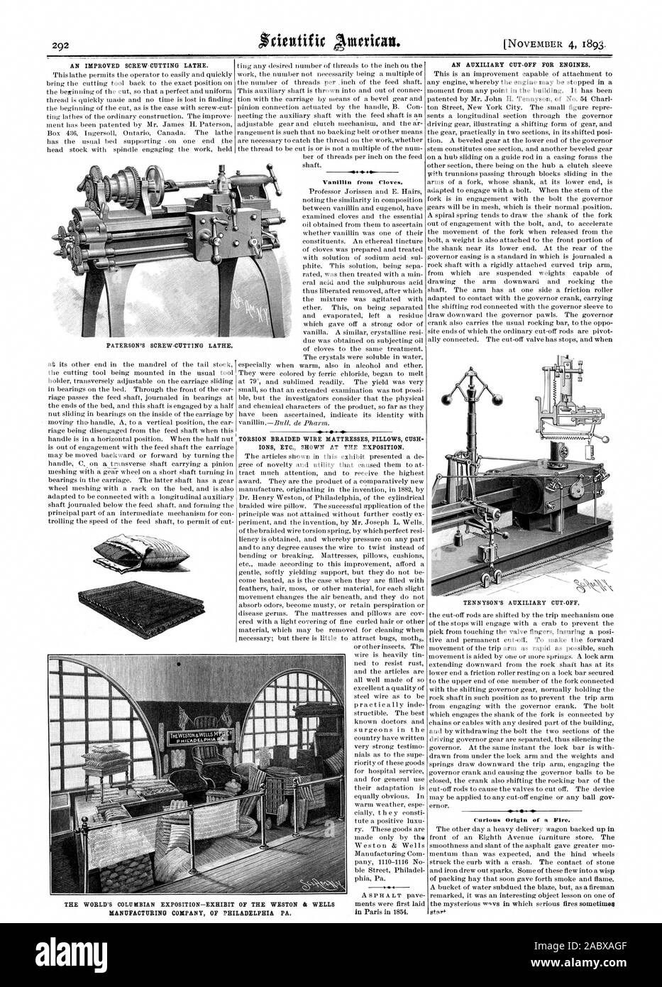 L'amélioration des tours de décolletage. À partir de la vanilline de girofle. Le fil tressé de torsion IONS CUSCH Matelas Oreillers ETC. MONTRÉ À L'EXPOSITION. Un coupe-AUXILIAIRE POUR LES MOTEURS. Curieux de l'origine d'un incendie. La vipérine à tour de décolletage. MANUFACTURING COMPANY de Philadelphie, PA., Scientific American, 1893-11-04 Banque D'Images