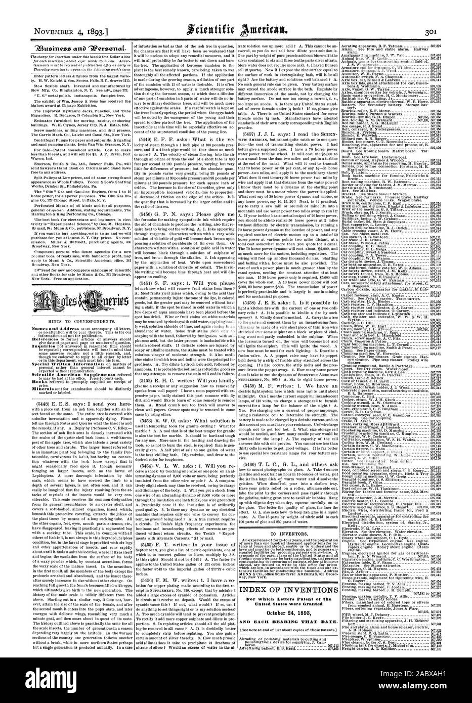 Pour les inventeurs. INDEX DES INVENTIONS pour lesquelles Lettres patentes de l'United States ont été octroyées le 24 octobre, Scientific American, 1893-11-04 Banque D'Images Pour les inventeurs. INDEX DES INVENTIONS pour lesquelles Lettres patentes de l'United States ont été octroyées le 24 octobre, Scientific American, 1893-11-04 Banque D'Images