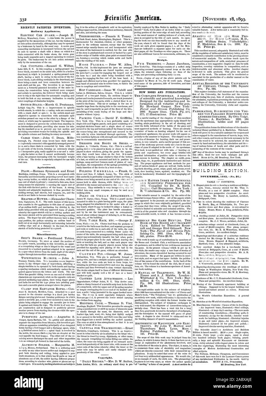Récemment les inventions brevetées. De nouveaux livres et de publications. Novembre 1893, Scientific American, 1893-11-11 Banque D'Images