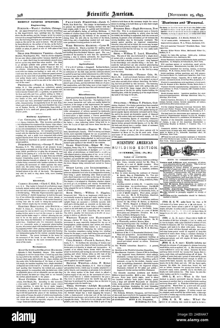 Récemment les inventions brevetées. L'ingénierie. SCIENTIFIC AMERICAN BUILDING EDITION. ' 'Une Wersonat.Business, 1893-11-11. Banque D'Images