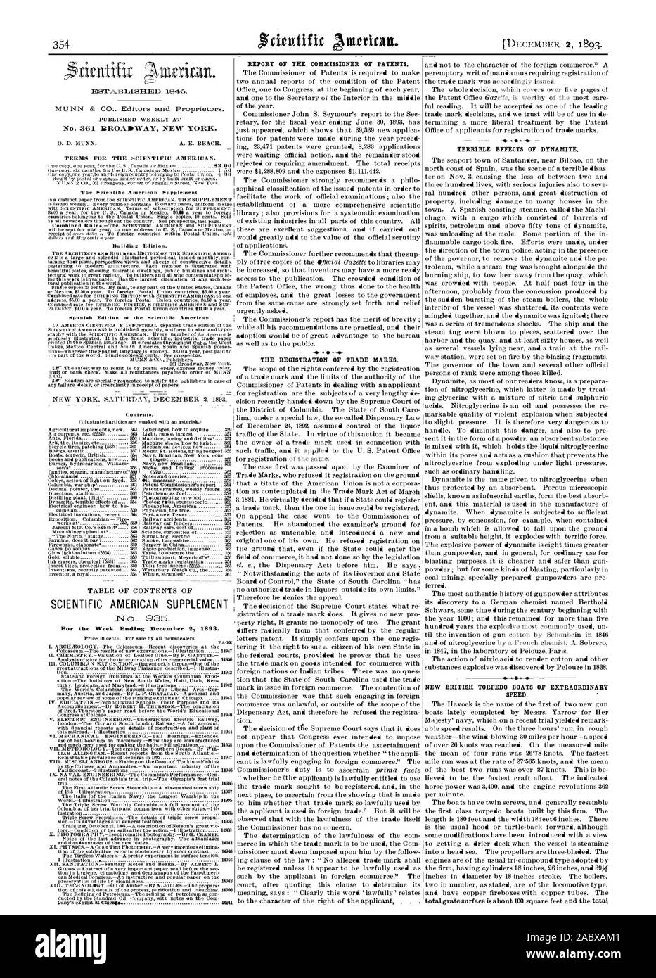 Pour la semaine Rodin ? : 2 décembre 1893. Rapport DU COMMISSAIRE AUX BREVETS. L'ENREGISTREMENT DES MARQUES. Effets terribles DE LA DYNAMITE. La nouvelle vitesse extraordinaire de torpilleurs., Scientific American, 1893-12-02 Banque D'Images