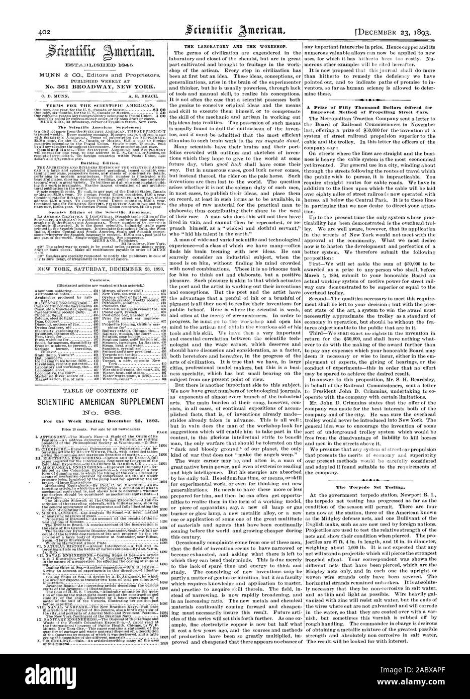 No 361 BROADWAY NEW YORK. Pour la semaine se terminant le 23 décembre 1893. Le LABORATOIRE ET L'atelier. Un prix de cinquante mille dollars offerts pour l'amélioration de la méthode de la propulsion des voitures de rue. La torpille. Net, Scientific American, 1893-12-23 Banque D'Images