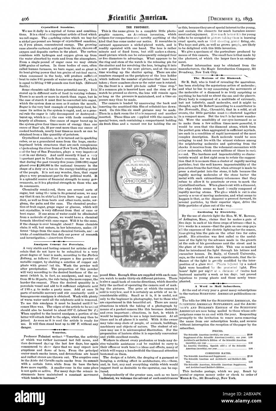 Soleil cristallisé. Le ciment de l'amalgame pour la porcelaine. Les motions du diamant. Jardinage par l'électricité. Un mot pour les abonnés par courrier électronique. N 4. Le Vésuve, Scientific American, 1893-12-23 Banque D'Images