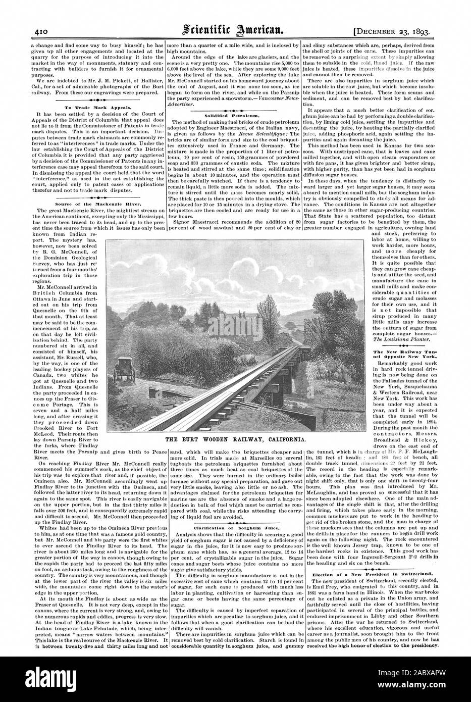 Marque d'appels. Source de la rivière Mackenzie. Pétrole solidifié. Le CHEMIN DE FER EN BOIS BURT EN CALIFORNIE. La clarification des jus de sorgho. Le nouveau chemin de fer Tun. nel en face de New York. Élection d'un nouveau président en Suisse., Scientific American, 1893-12-23 Banque D'Images