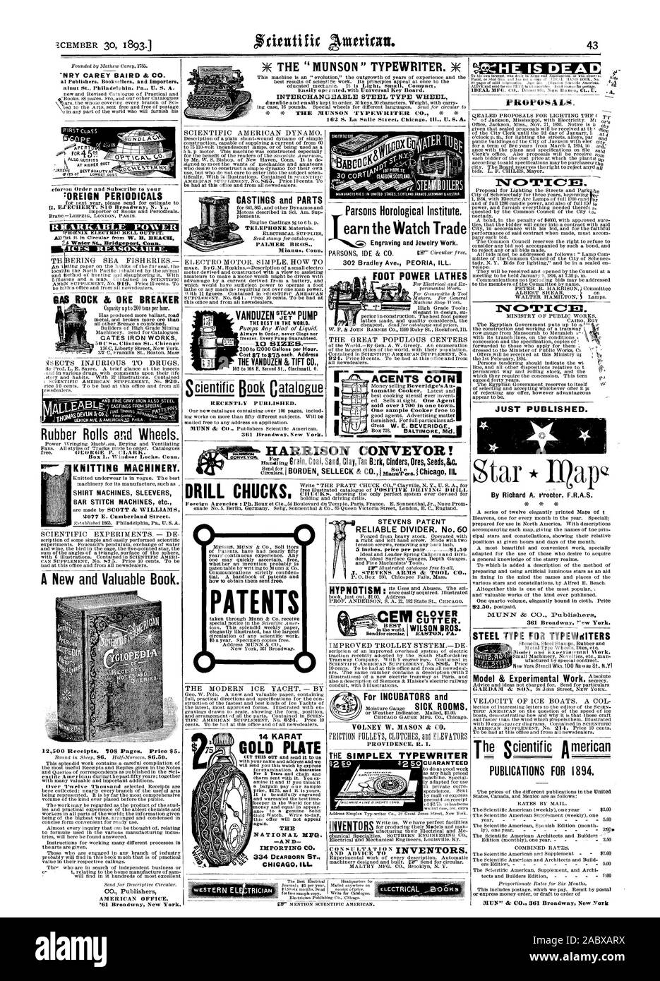 Le Bureau américain des éditeurs CO. 361 Broadway New York. Brevets LA GLACE MODERNE À LOUER. - Par 14 carats -A N D CHICAGO. Mauvais. Parsons Horological Institute. gagner la montre la gravure et bijoux Commerce Travail.  !Ala EST DEA PROPOSITIONS. 1 %Tt =1)9PIM. Vient de paraître. Eroctor F.R.A.S. par Richard A. 361 Broadway New York rew. TYPE D'ACIER POUR TYPEWdITERS PUBLICATIONS pour 1894. SHIRT BAR MACHINES SUREMBALLEUSES MULTIPACK POUR MACHINES DE COUTURE etc. 9077 E. Cumberland Street ROCK & GAZ DISJONCTEUR DE MINERAI DE FER gSECTS PORTES .travaux préjudiciables à la drogue. J rouleaux en caoutchouc et roues. SCIENTIFIC AMERICAN DYNAMO. Pièces de fonderie et PALMER BROS. Le MEILLEUR DE Banque D'Images