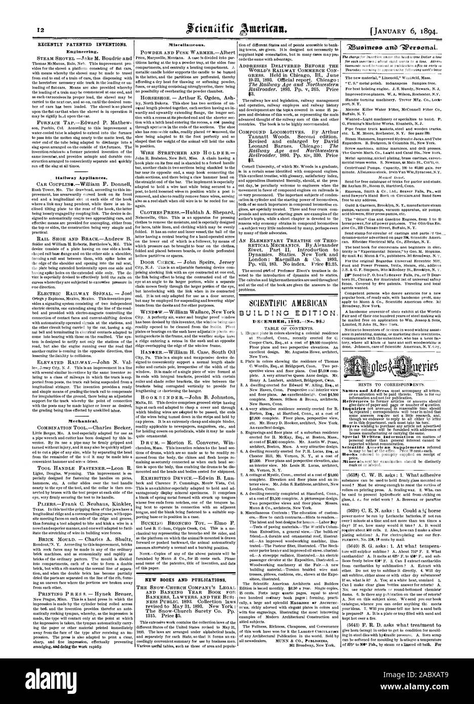 Récemment les inventions brevetées. L'ingénierie. Mécanique. SCIENTIFIC AMERICAN BUILDING EDITION. Décembre 393.-(no 913.), 1894-01-11 Banque D'Images