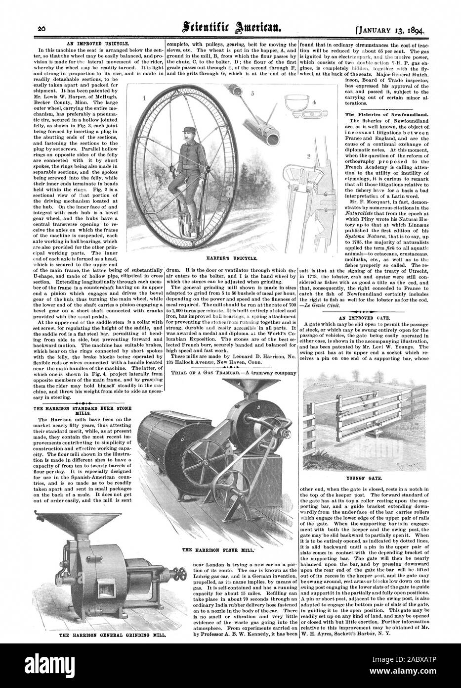 Le MOULIN À FARINE HARRISON." LA NORME HARRISON BURR STONE MILLS. Le meulage GÉNÉRAL HARRISON HILL Les pêches de Terre-Neuve. YOUNGS' GATE. Du monocycle de Harper. L'AMÉLIORATION DE LA PORTE., Scientific American, 1894-01-13 Banque D'Images