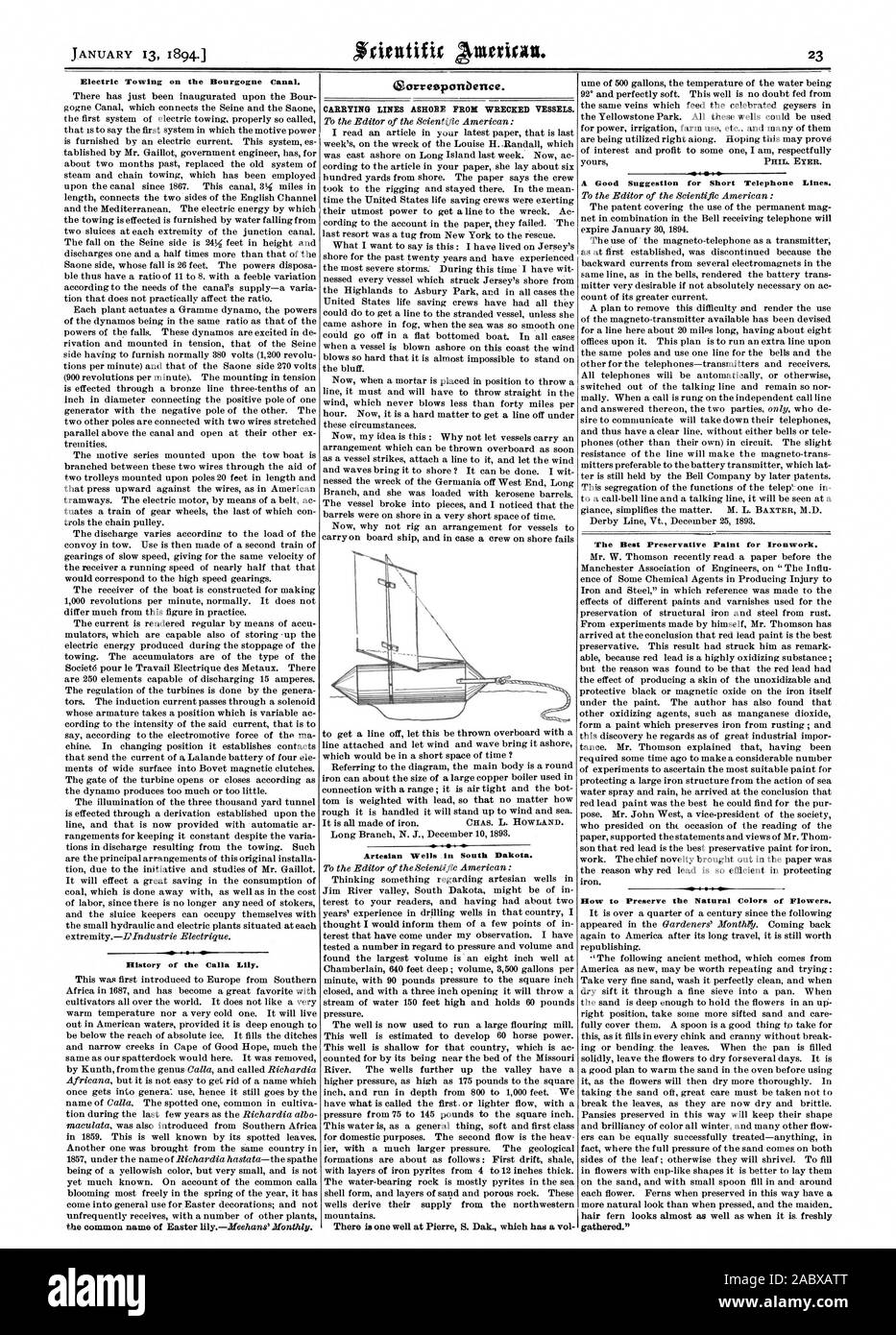 Remorquage électrique sur le Canal de Bourgogne. Histoire de la Calla Lily. eorresponbence. Lignes de transport À TERRE À PARTIR DE NAVIRES échoués. AP un puits artésien dans le Dakota du Sud. Une bonne suggestion pour de courtes lignes téléphoniques. La meilleure peinture de conservation pour la ferronnerie., Scientific American, 1894-01-13 Banque D'Images