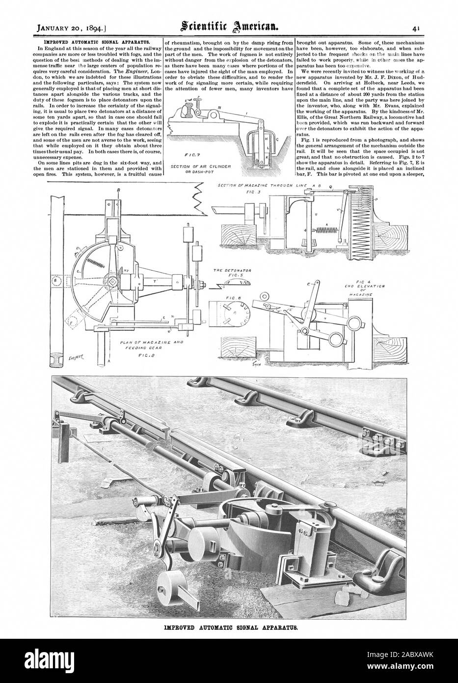 Amélioration de l'appareil de signalisation automatique. F IC.7 L'ARTICLE DE VÉRIN D'AIR dash-pot ou l'AMÉLIORATION DU SIGNAL AUTOMATIQUE AUTONOME. ENCAISSEMENT DES NACAZINE LIGNE UCH THRO UNE FIC 8 . TRE DETONATOR FIC5' PIC 4 FIN PLAN MAGAZINE D'ÉLÉVATION ET D'ALIMENTATION MACAZINE OE GEAR FIG .8, Scientific American, 1894-01-20 Banque D'Images