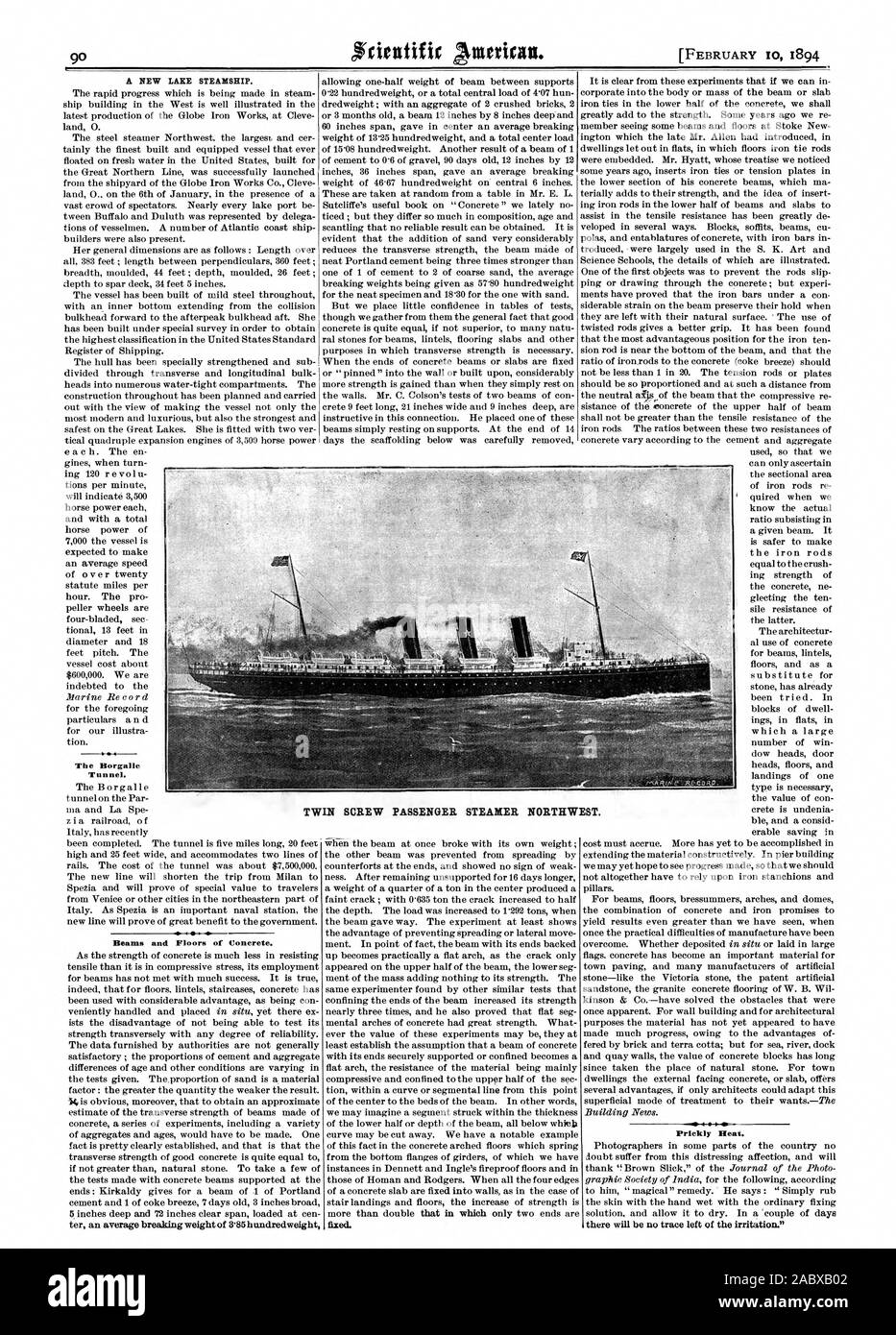 Un nouveau LAC STEAMSHIP. Le Borgalle Tunnel. Poutres et les planchers de béton. fixe. La chaleur épineuse. Il n'y aura aucune trace de l'irritation.' DU PAQUEBOT À DEUX VIS., Scientific American, 1894-02-10 Banque D'Images