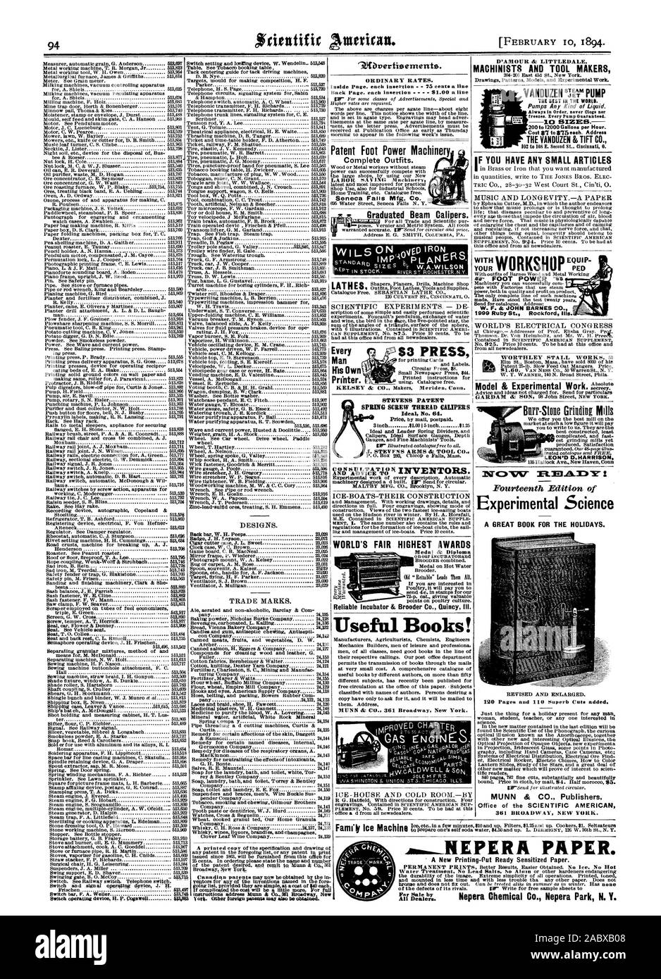 Les tarifs ordinaires. Page intérieure. chaque insertion 75 cents une ligne de papier AiaNEPERA. Nepera Chemical Co. Nepera Park N. Y. loin Vente par tous les concessionnaires., Scientific American, 1894-02-10 Banque D'Images