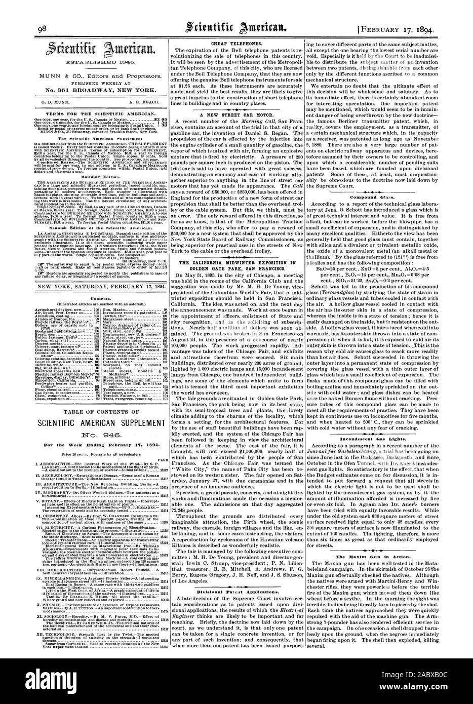 Publié chaque semaine à l'édition du bâtiment. Table des matières. SCIENTIFIC AMERICAN SUPPLEMENT Pour la semaine se terminant le 17 février 1894. Téléphones bon marché. Un nouveau moteur de voiture de rue. L'EXPOSITION DE L'HIVER EN CALIFORNIE dans le GOLDEN GATE PARK DE SAN FRANCISCO. Les demandes de brevets divisionnaires. Verre composé. Les feux à incandescence. La maxime Gun en action., 1894-02-17 Banque D'Images