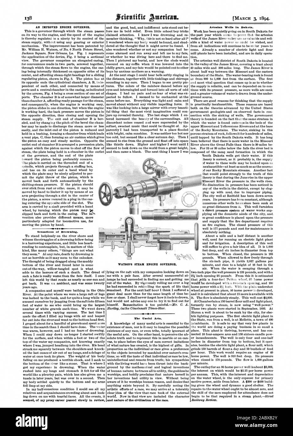 Un régulateur du moteur améliorée. Sensations de noyade. semblait de ma carrière prosy passaient lentement dans l'examen des arts utiles et la nature de la civilisation de la race. Les puits artésiens dans la région de Dakota. WATSON'S MACHINE À VAPEUR GOUVERNEUR., Scientific American, 1894-03-03 Banque D'Images