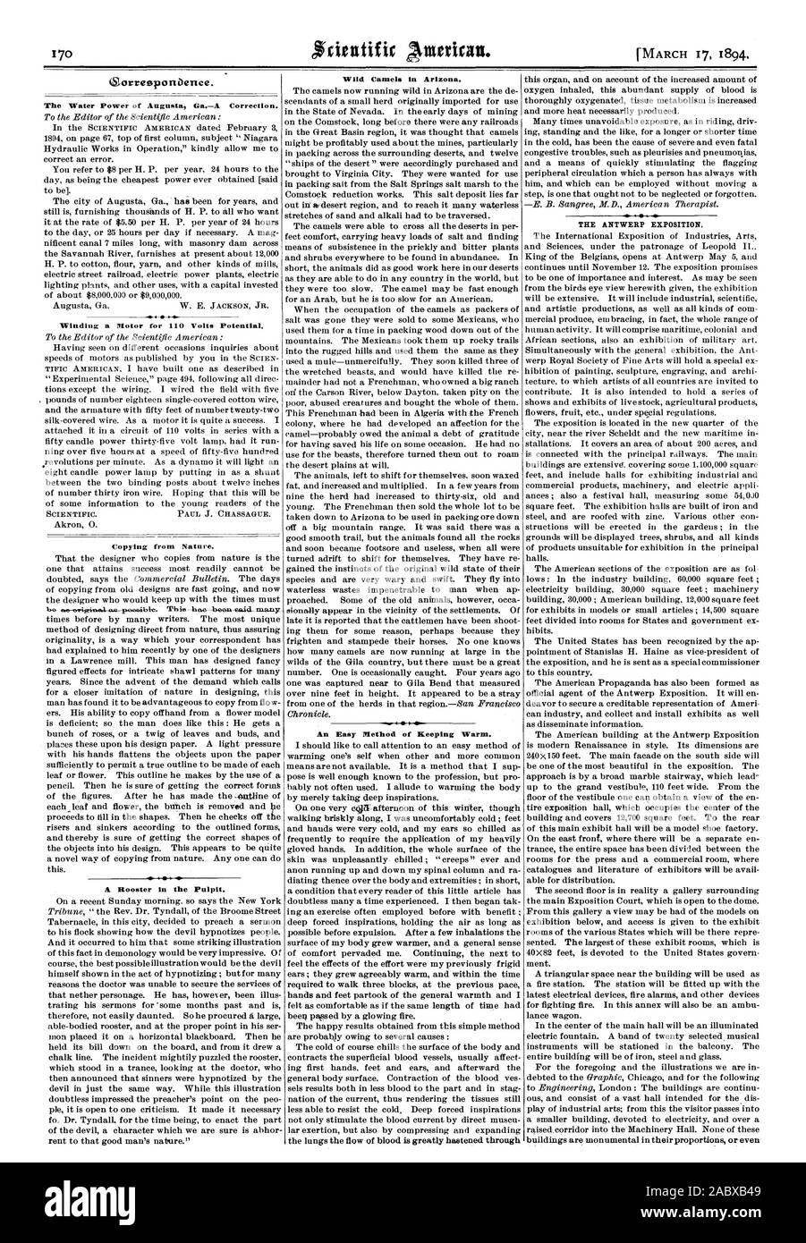 La puissance de l'eau d'Augusta GaA Correction. Un bobinage moteur pour 0 Volts de potentiel. La copie de la Nature. Un Coq dans la chaire. J'ai une méthode facile de garder au chaud. L'exposition d'Anvers., Scientific American, 94-03-17 Banque D'Images