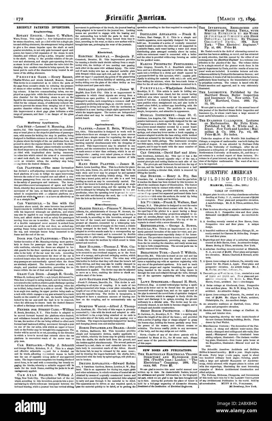 Ncientific Aktiterican. De NOUVELLES PUBLICATIONS ET DES MALAPPRIS. INVENTIONS BREVETÉES. Récemment, Scientific American, 94-03-11 Banque D'Images