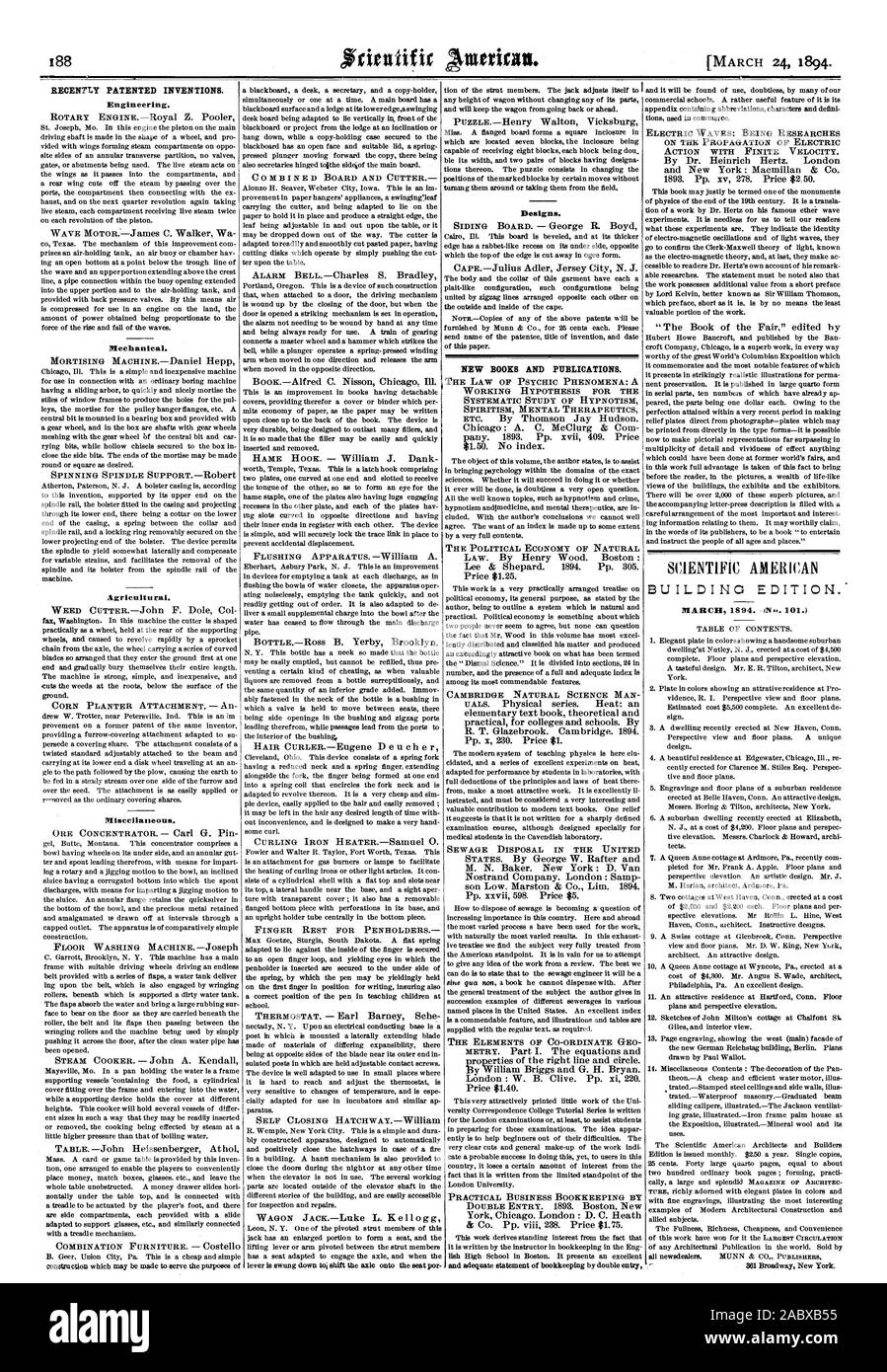 Récemment les inventions brevetées. Divers. Nouveaux LIVRES ET PUBLICATIONS., Scientific American, 1894-03-11 Banque D'Images