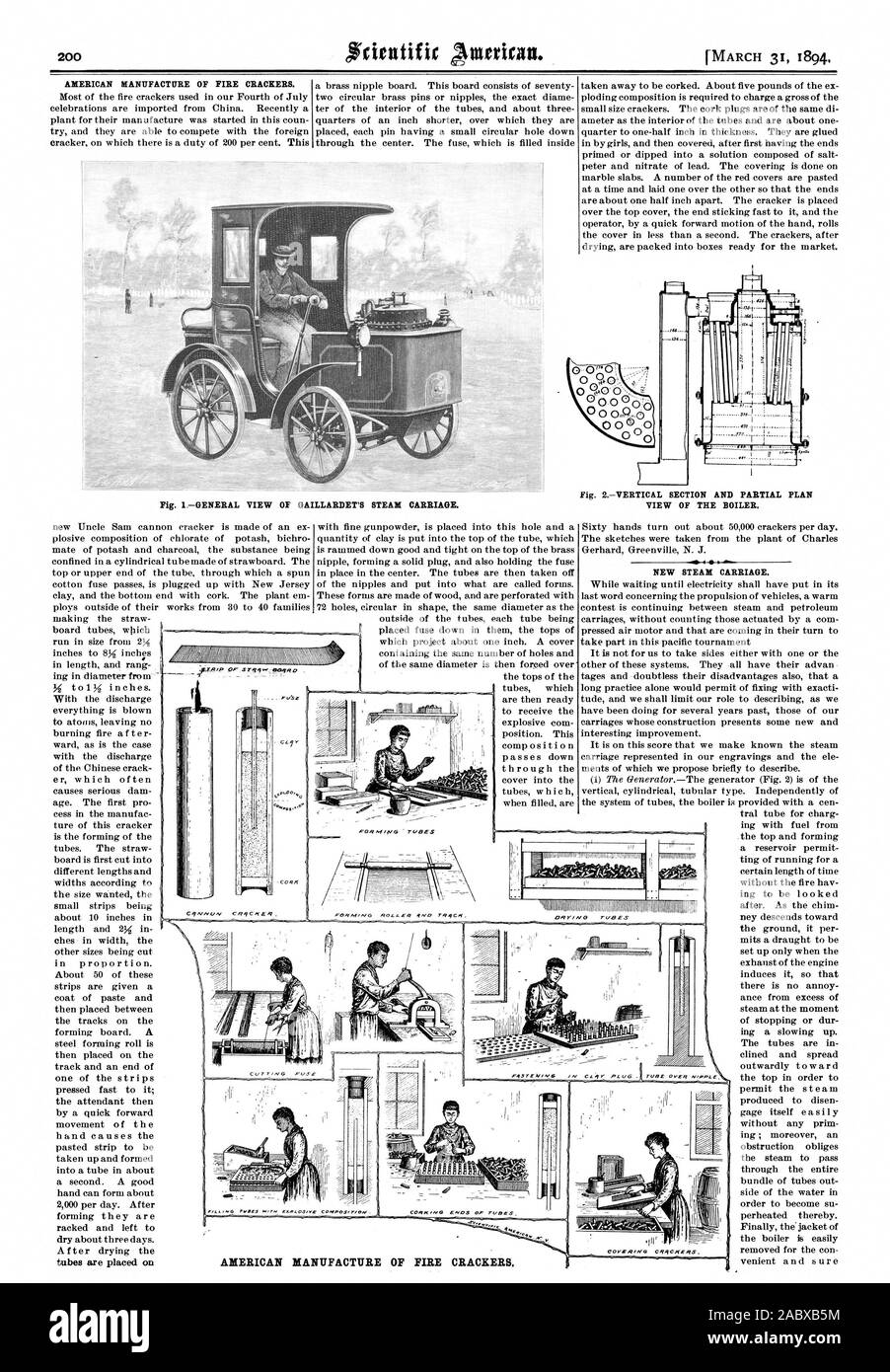 Fabrication AMÉRICAINE DE PÉTARDS. Fig. 1 -VUE GÉNÉRALE DU GAILLARDET CHARIOT À VAPEUR. Fig. 2.-SECTION VERTICALE ET VUE PARTIELLE D'UN RÉGIME DE LA CHAUDIÈRE. TVBES NOUVEAU CHARIOT À VAPEUR. '1'00fillimuume AMERICAN FABRICATION DE PÉTARDS, Scientific American, 1894-03-31 Banque D'Images