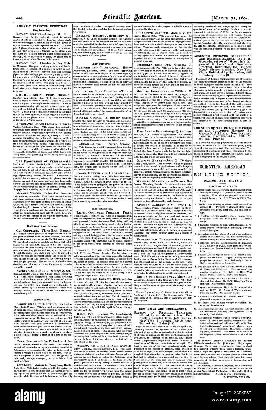 Récemment les inventions brevetées. Agricole. Divers. De nouveaux livres et de publications. Mars 1894 (n. 101.), Scientific American, 1894-03-11 Banque D'Images