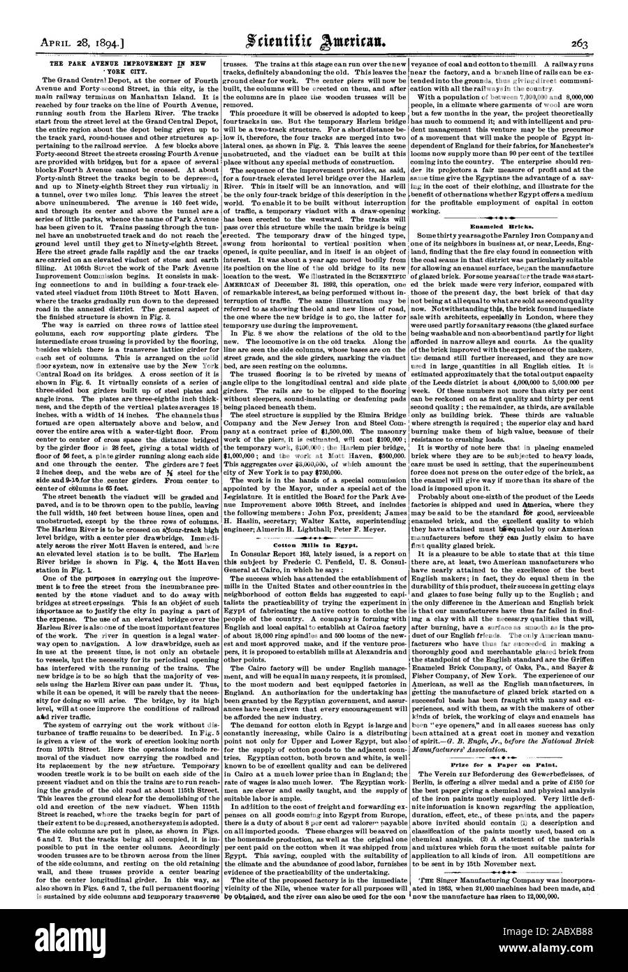 L'AMÉLIORATION DE PARK AVENUE NEW YORK CITY '. Les usines de coton en Égypte. Essais répétés et la rivière peut également être utilisé pour le con de briques émaillées. 1.41. Prix pour un document sur la peinture. maintenant la fabrication a augmenté de 12000000., Scientific American, 1894-04-28 Banque D'Images