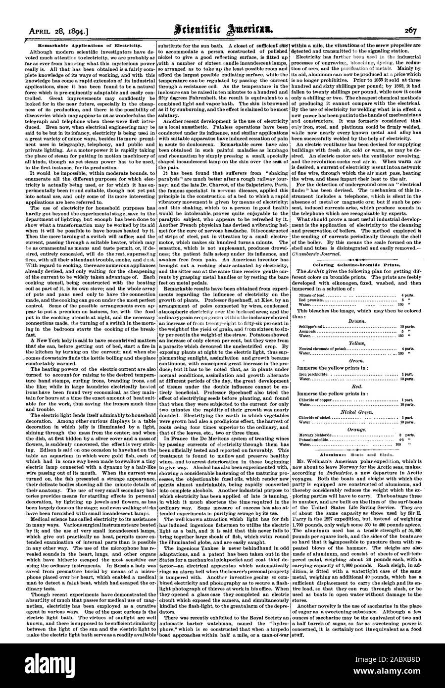 Applications remarquables de l'électricité. Gelatino-bromure à colorier imprime. Bateaux en aluminium et de traîneaux., Scientific American, 1894-04-28 Banque D'Images