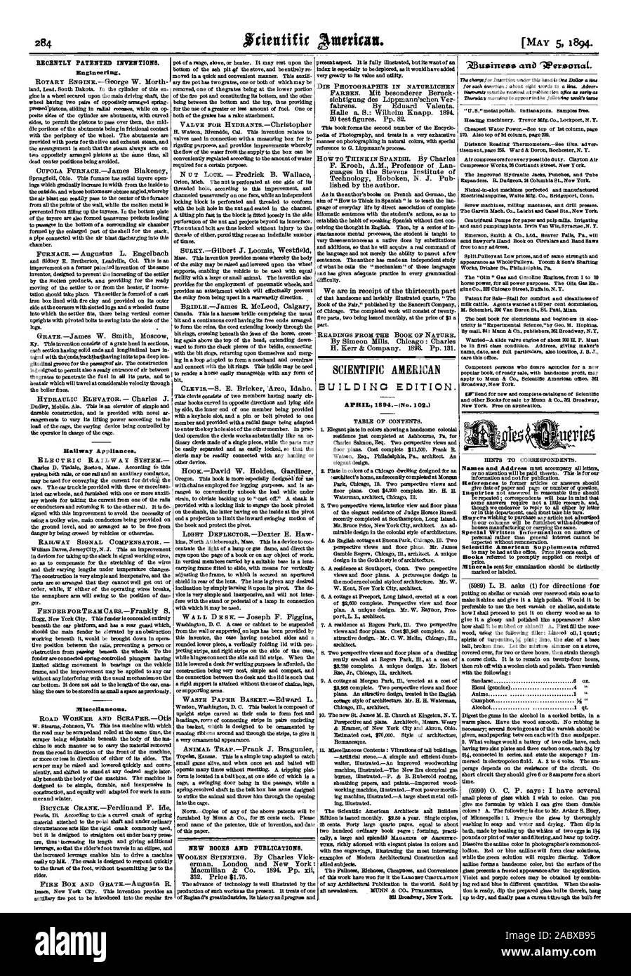 Le 5 mai 1894. Récemment les inventions brevetées. L'ingénierie. De nouveaux livres et de publications. SCIENTIFIC AMERICAN BUILDING EDITION. :., 1894-05-11 Banque D'Images